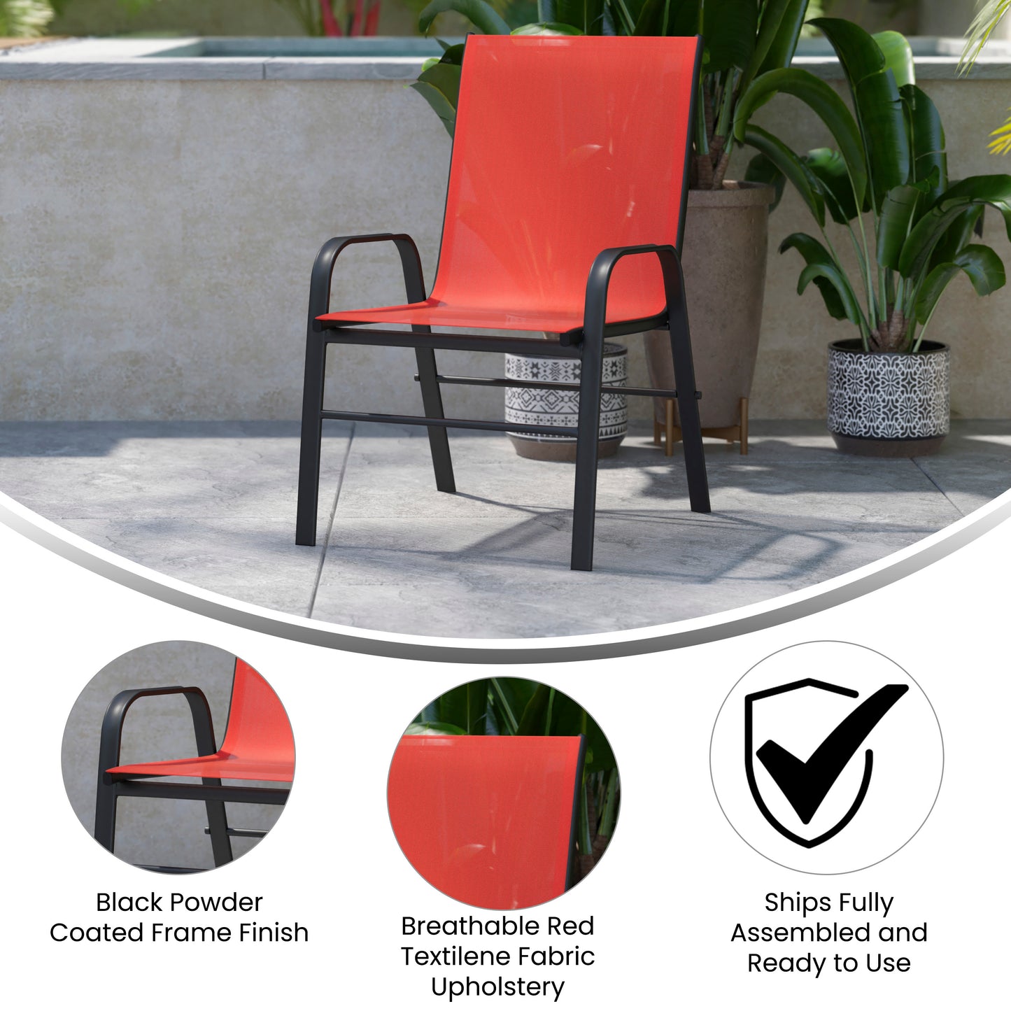 4 Pack Brazos Series Black Outdoor Stack Chair with Flex Comfort Material and Metal Frame Red