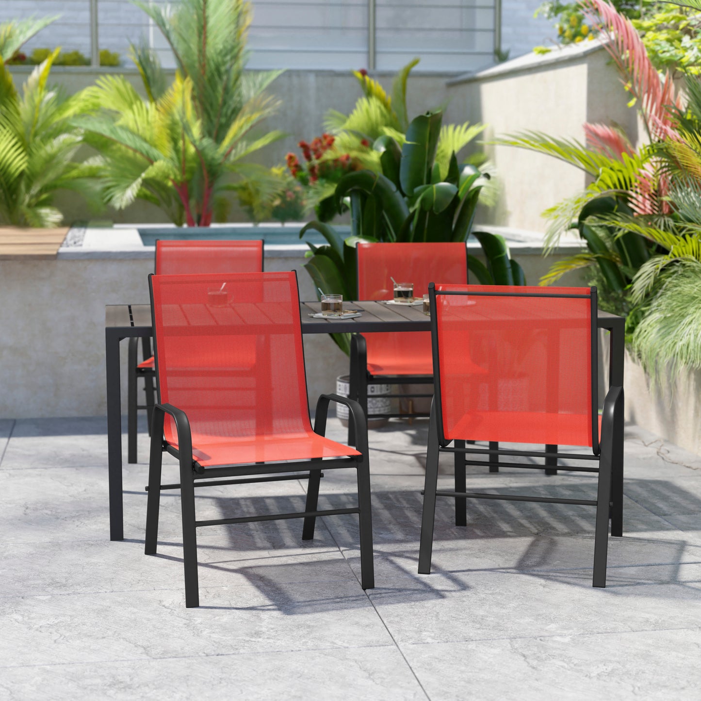 4 Pack Brazos Series Black Outdoor Stack Chair with Flex Comfort Material and Metal Frame Red