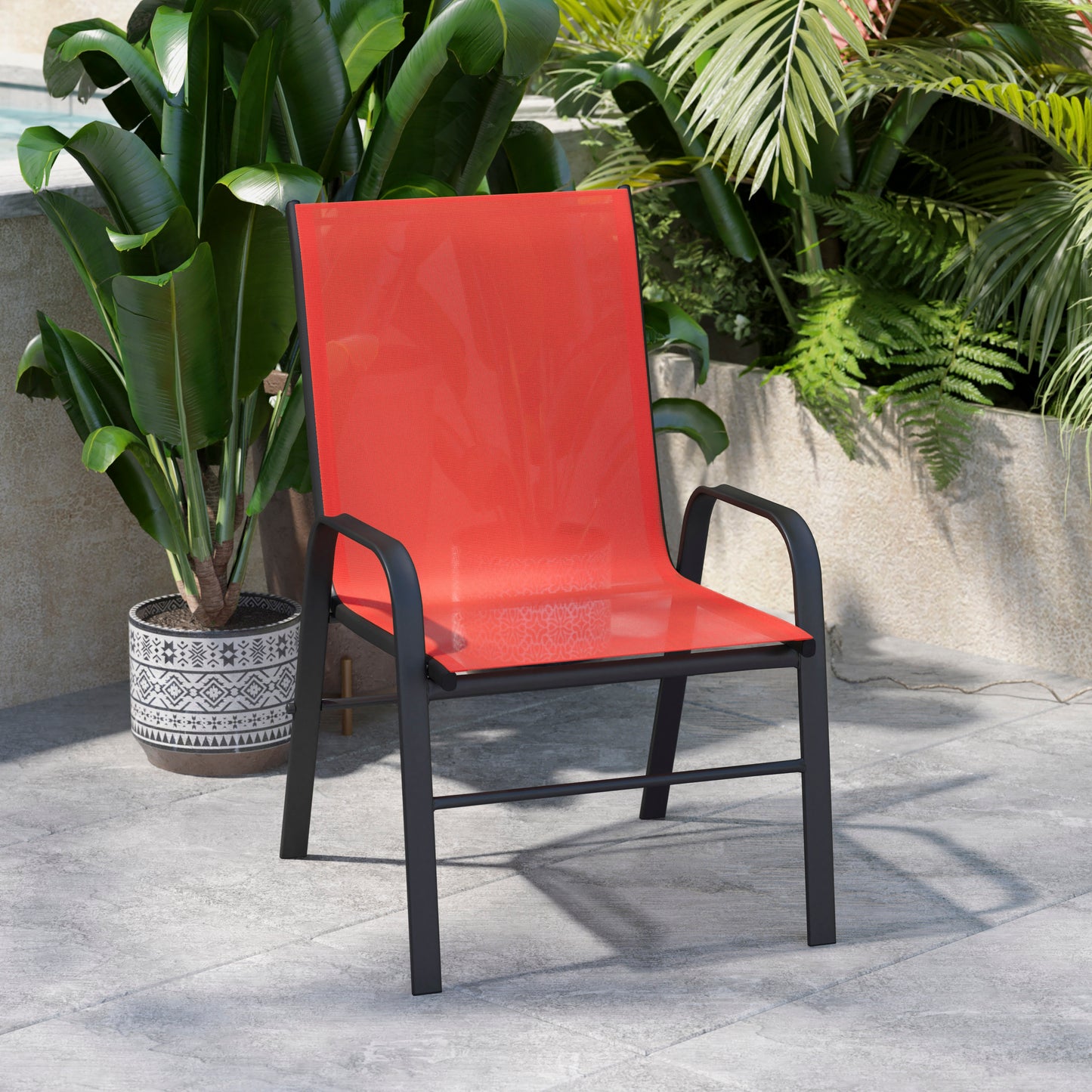 4 Pack Brazos Series Black Outdoor Stack Chair with Flex Comfort Material and Metal Frame Red