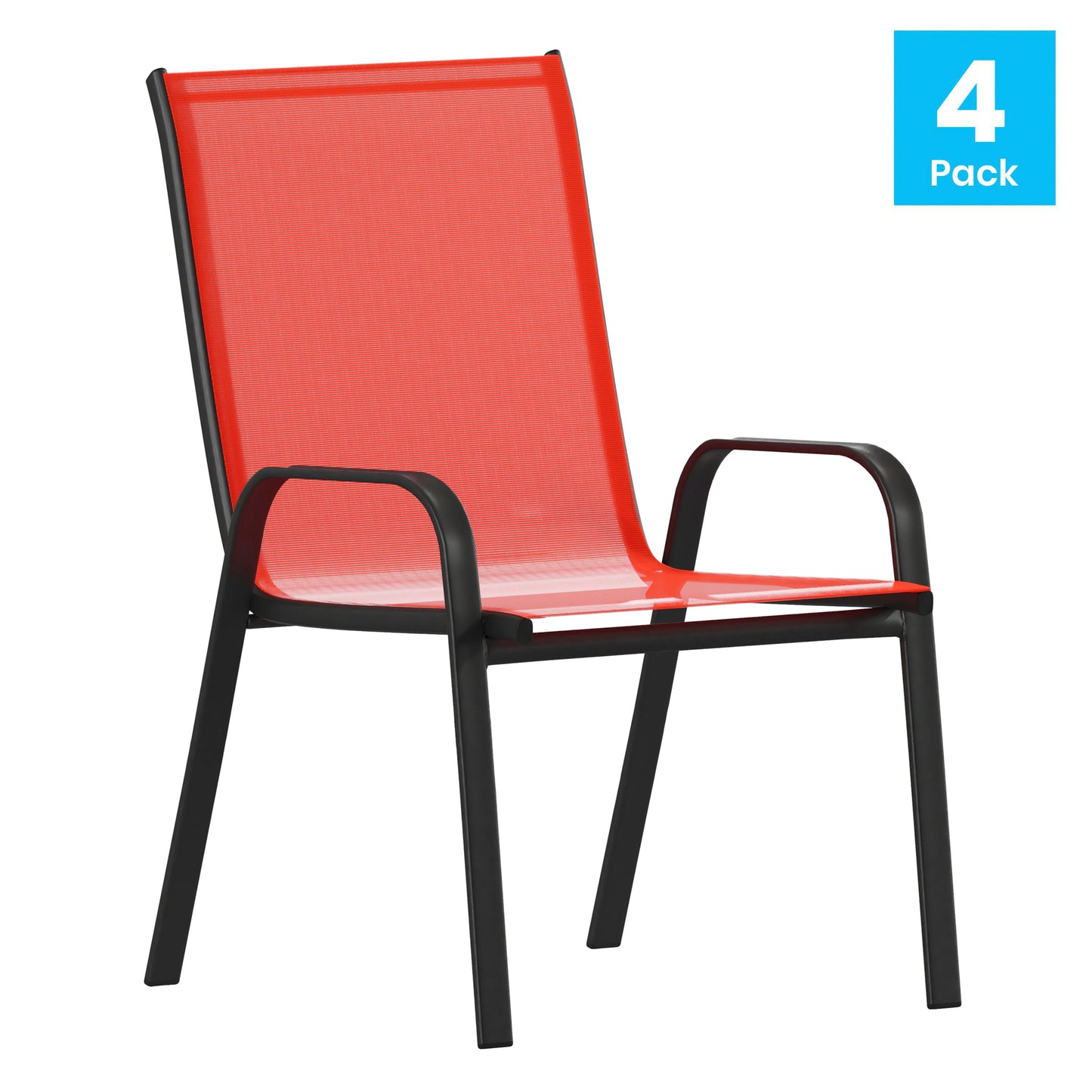 4 Pack Brazos Series Black Outdoor Stack Chair with Flex Comfort Material and Metal Frame Red