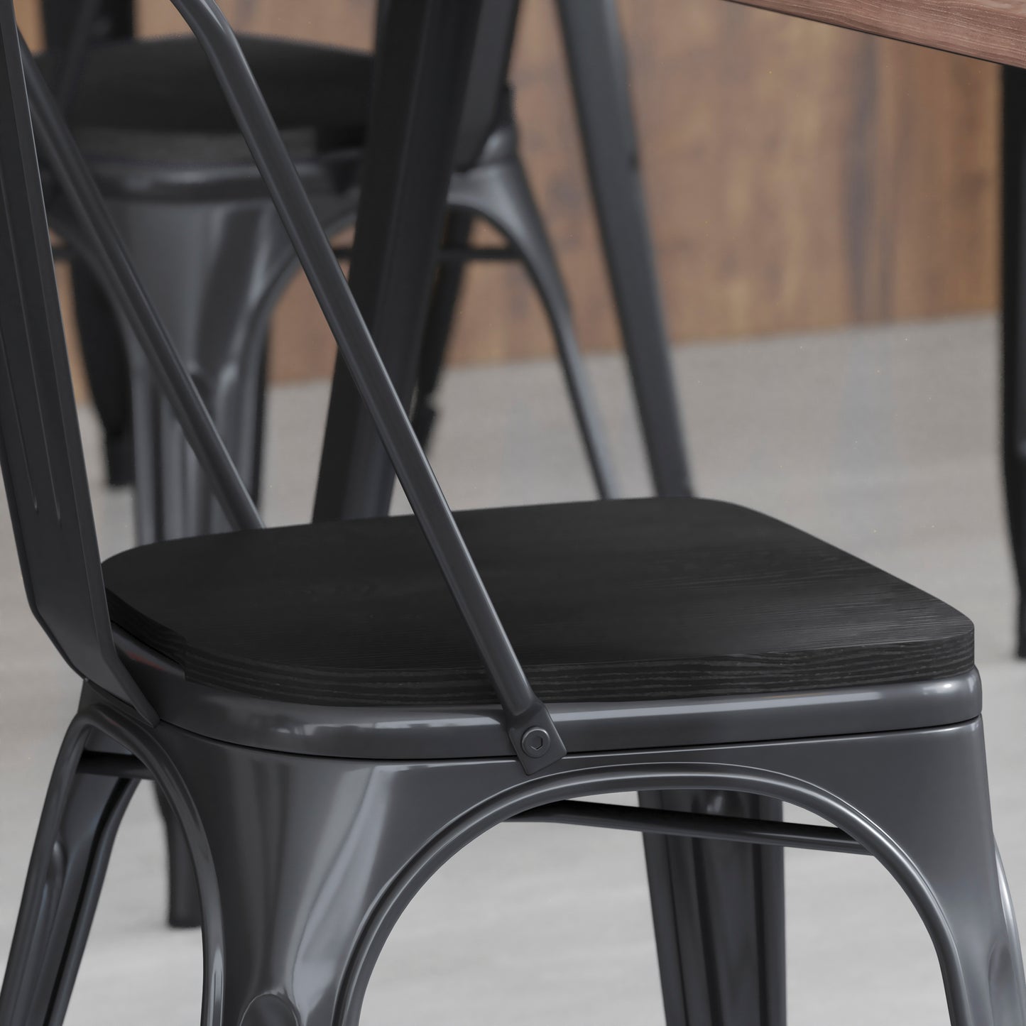 Perry Set of 4 Poly Resin Wood Seat with Rounded Edges for Colorful Metal Chairs and Stools in Black Black