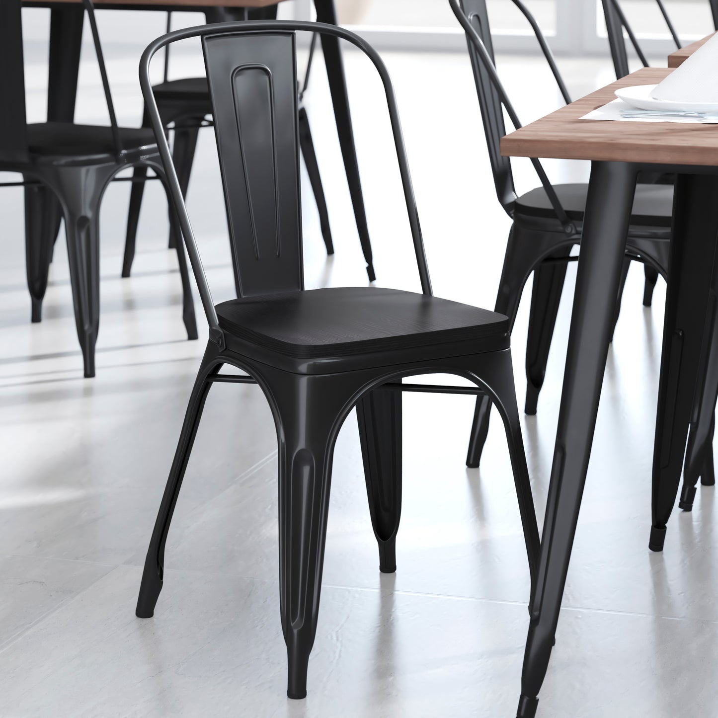Perry Set of 4 Poly Resin Wood Seat with Rounded Edges for Colorful Metal Chairs and Stools in Black Black