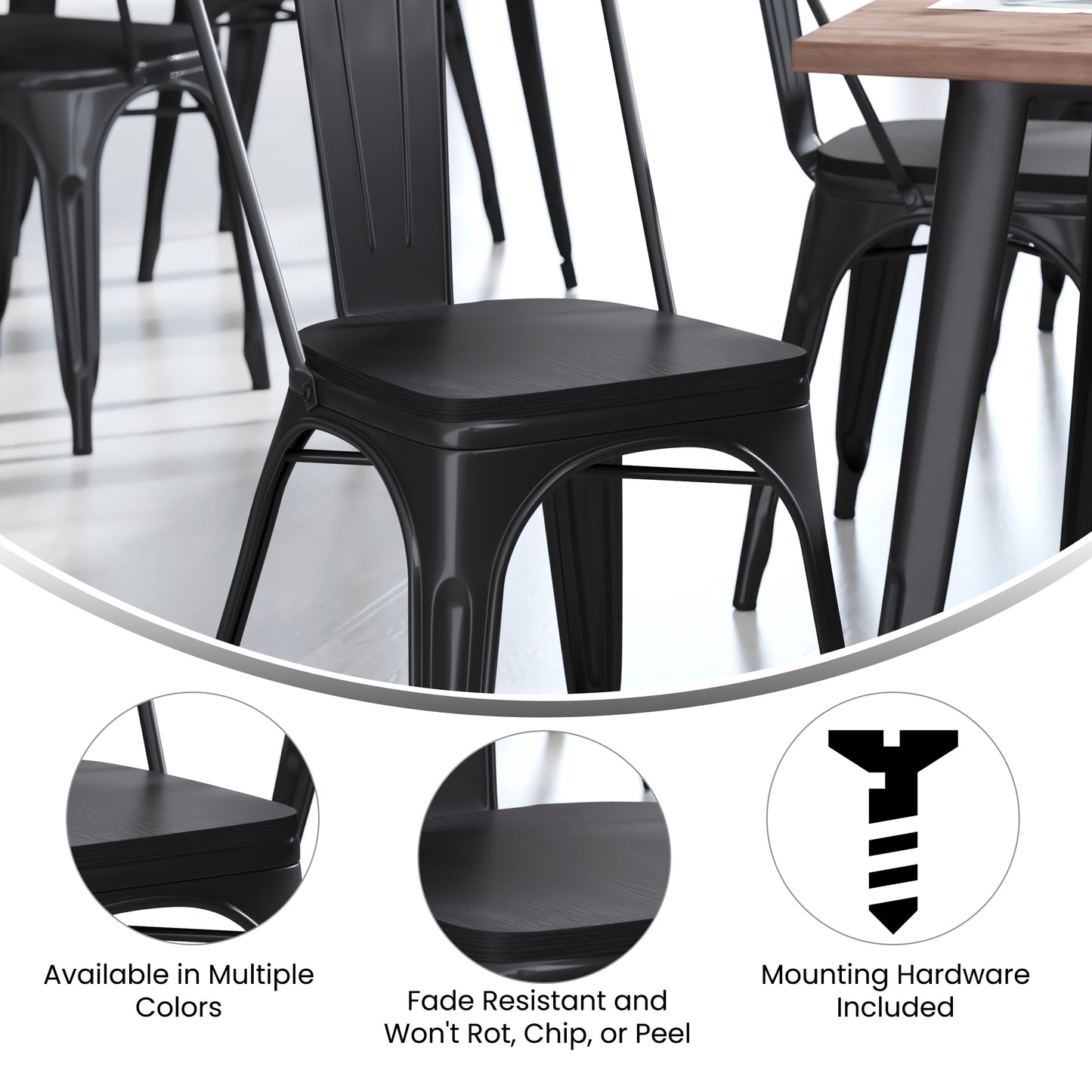 Perry Set of 4 Poly Resin Wood Seat with Rounded Edges for Colorful Metal Chairs and Stools in Black Black
