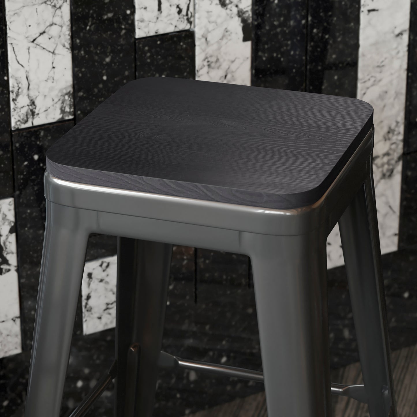 Perry Poly Resin Wood Square Seat with Rounded Edges for Colorful Metal Barstools in Black Black