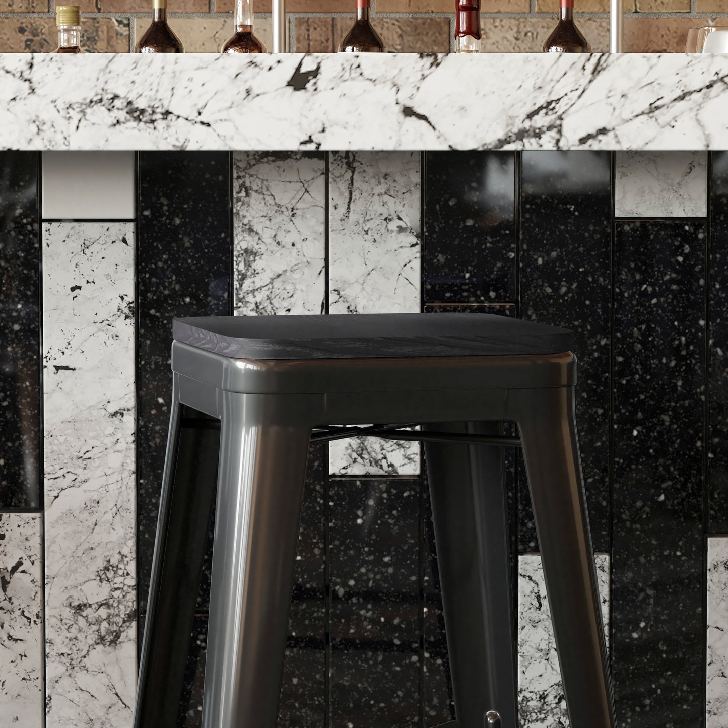 Perry Poly Resin Wood Square Seat with Rounded Edges for Colorful Metal Barstools in Black Black