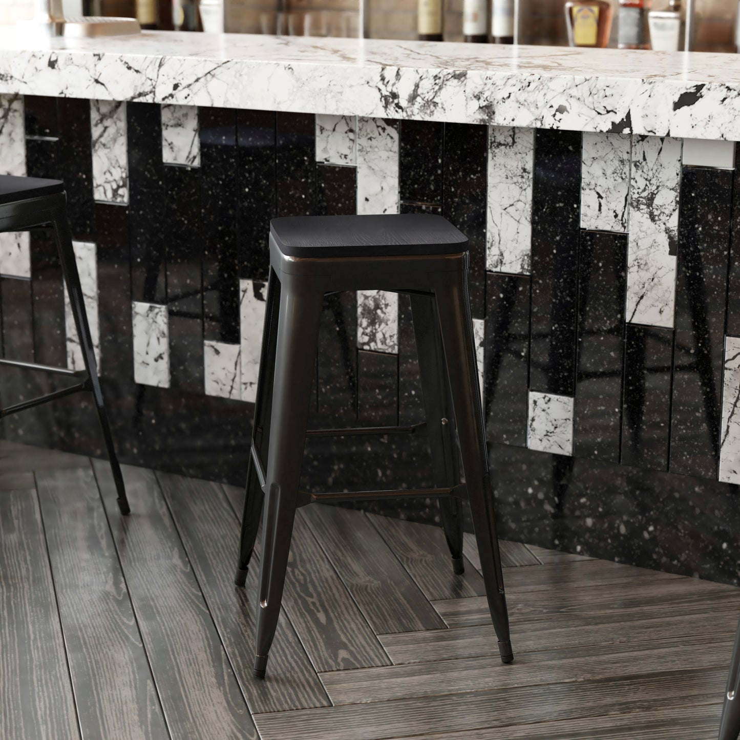 Perry Poly Resin Wood Square Seat with Rounded Edges for Colorful Metal Barstools in Black Black