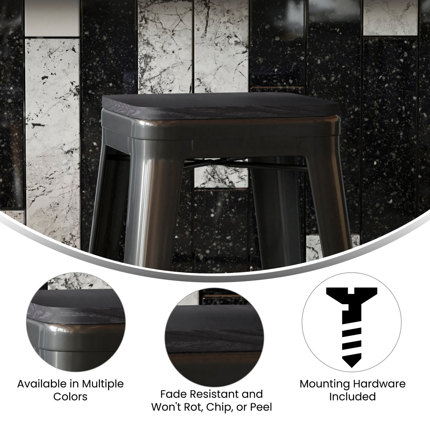 Perry Poly Resin Wood Square Seat with Rounded Edges for Colorful Metal Barstools in Black Black