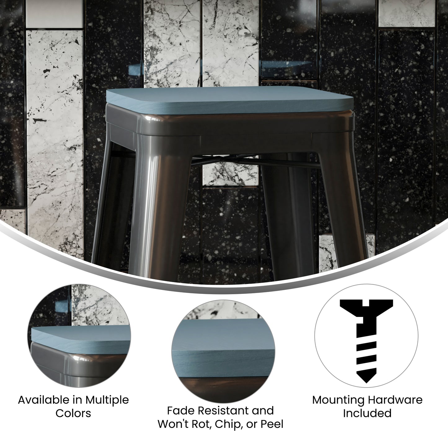 Perry Poly Resin Wood Square Seat with Rounded Edges for Colorful Metal Barstools in Teal-Blue Teal-Blue