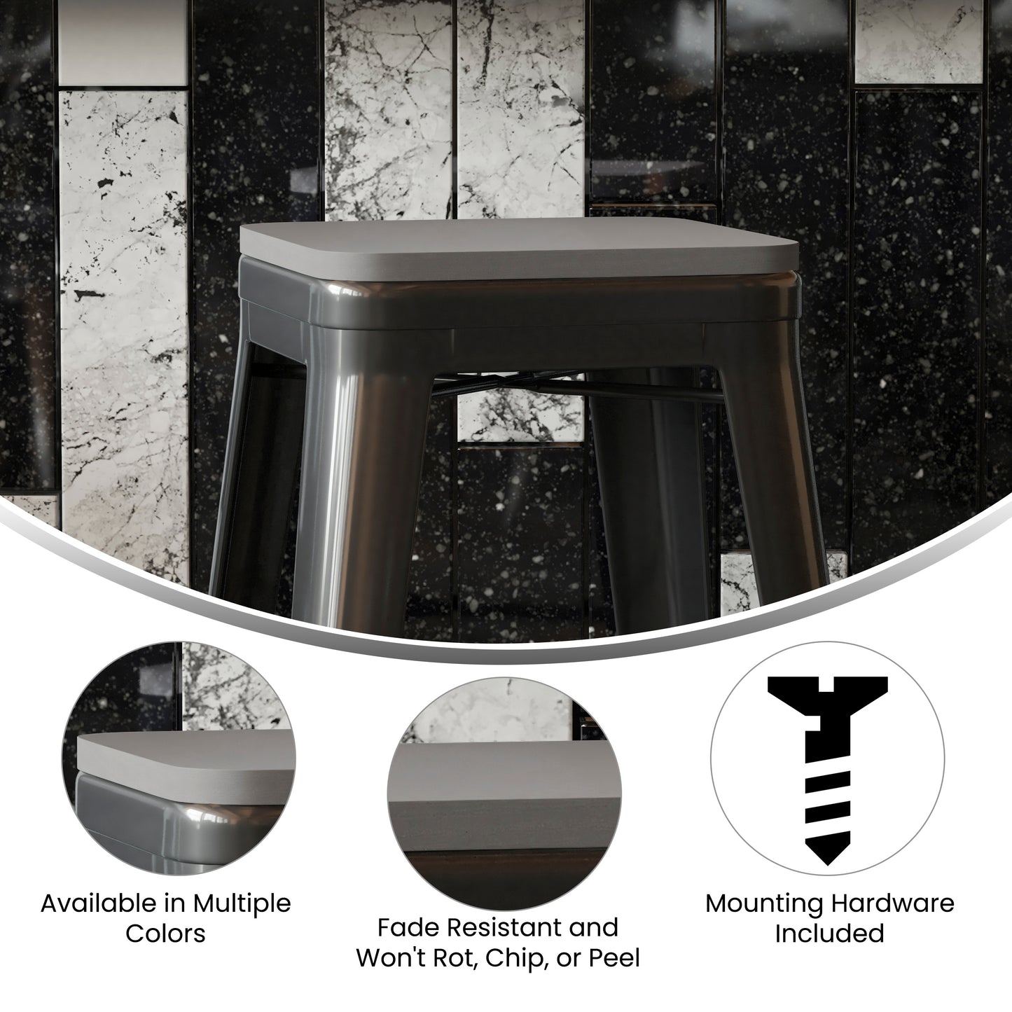 Perry Poly Resin Wood Square Seat with Rounded Edges for Colorful Metal Barstools in Gray Gray