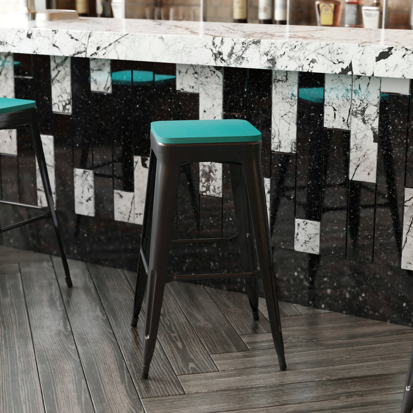 Perry Poly Resin Wood Square Seat with Rounded Edges for Colorful Metal Barstools in Mint Mint
