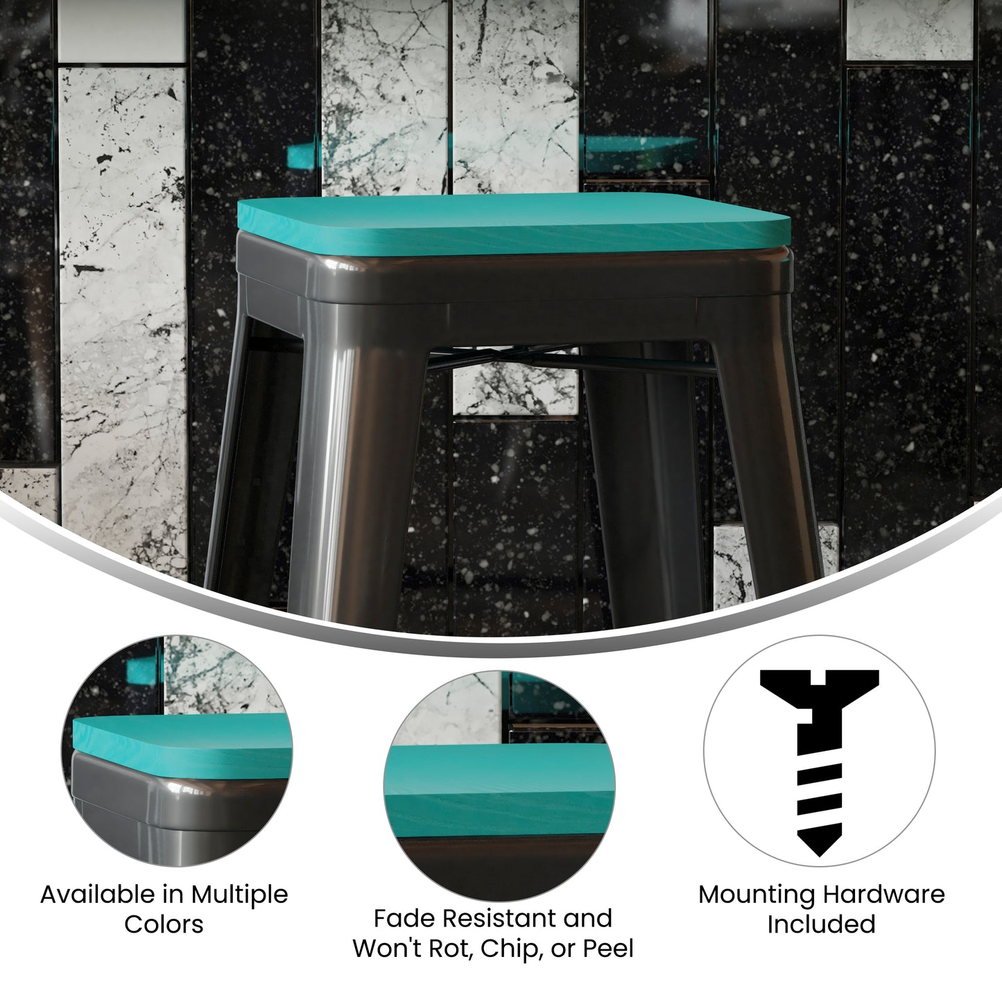 Perry Poly Resin Wood Square Seat with Rounded Edges for Colorful Metal Barstools in Mint Mint