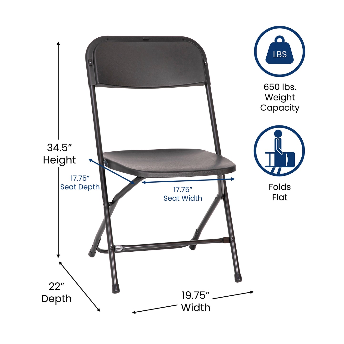 Hercules Big and Tall Commercial Folding Chair - Extra Wide 650LB. Capacity - Durable Plastic - Black, 4-Pack Black