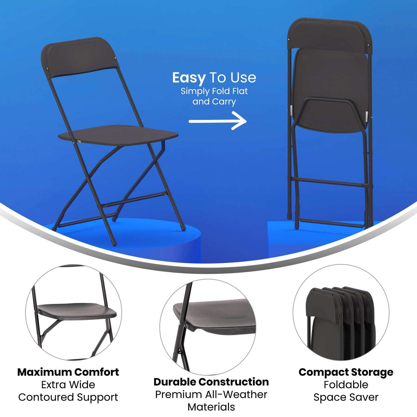 Hercules Big and Tall Commercial Folding Chair - Extra Wide 650LB. Capacity - Durable Plastic - Black, 4-Pack Black