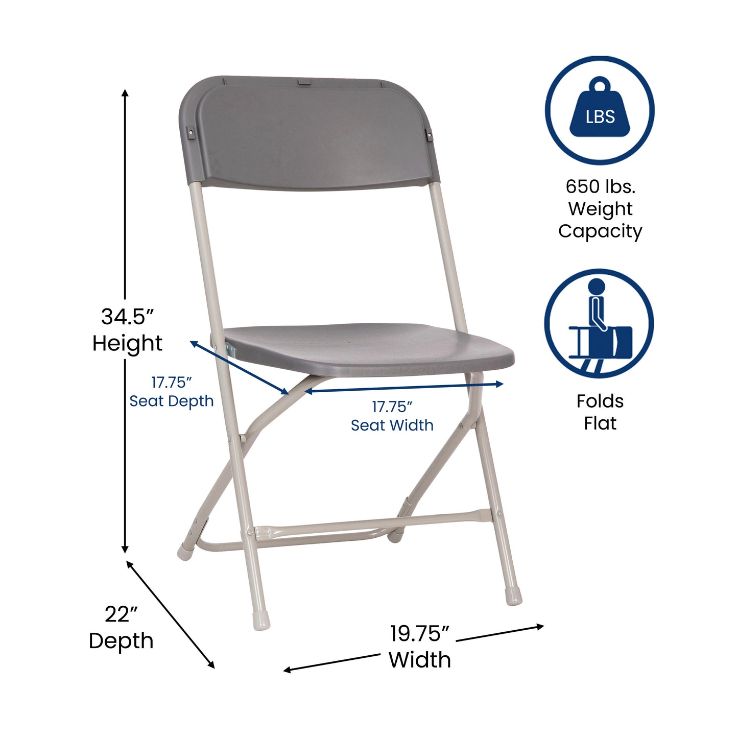 Hercules Big and Tall Commercial Folding Chair - Extra Wide 650LB. Capacity - Durable Plastic - Gray, 4-Pack Gray