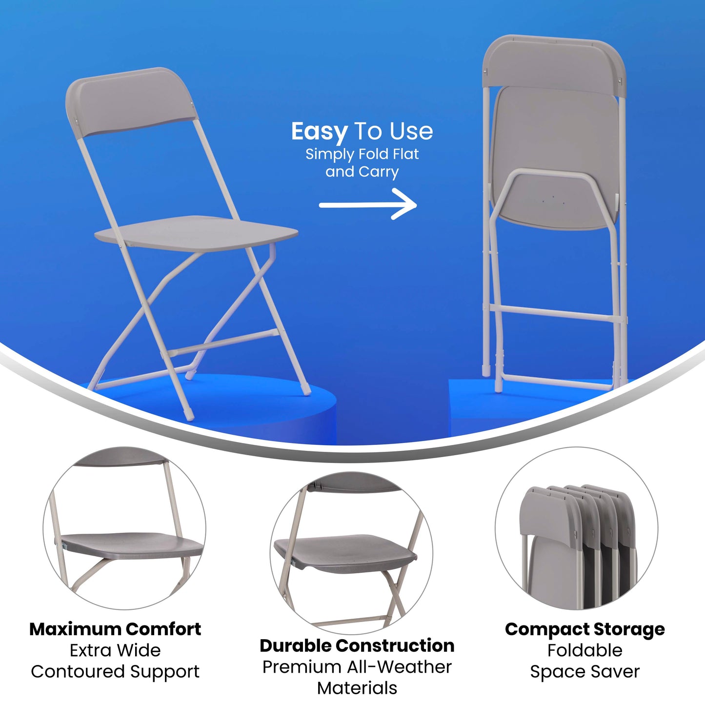Hercules Big and Tall Commercial Folding Chair - Extra Wide 650LB. Capacity - Durable Plastic - Gray, 4-Pack Gray
