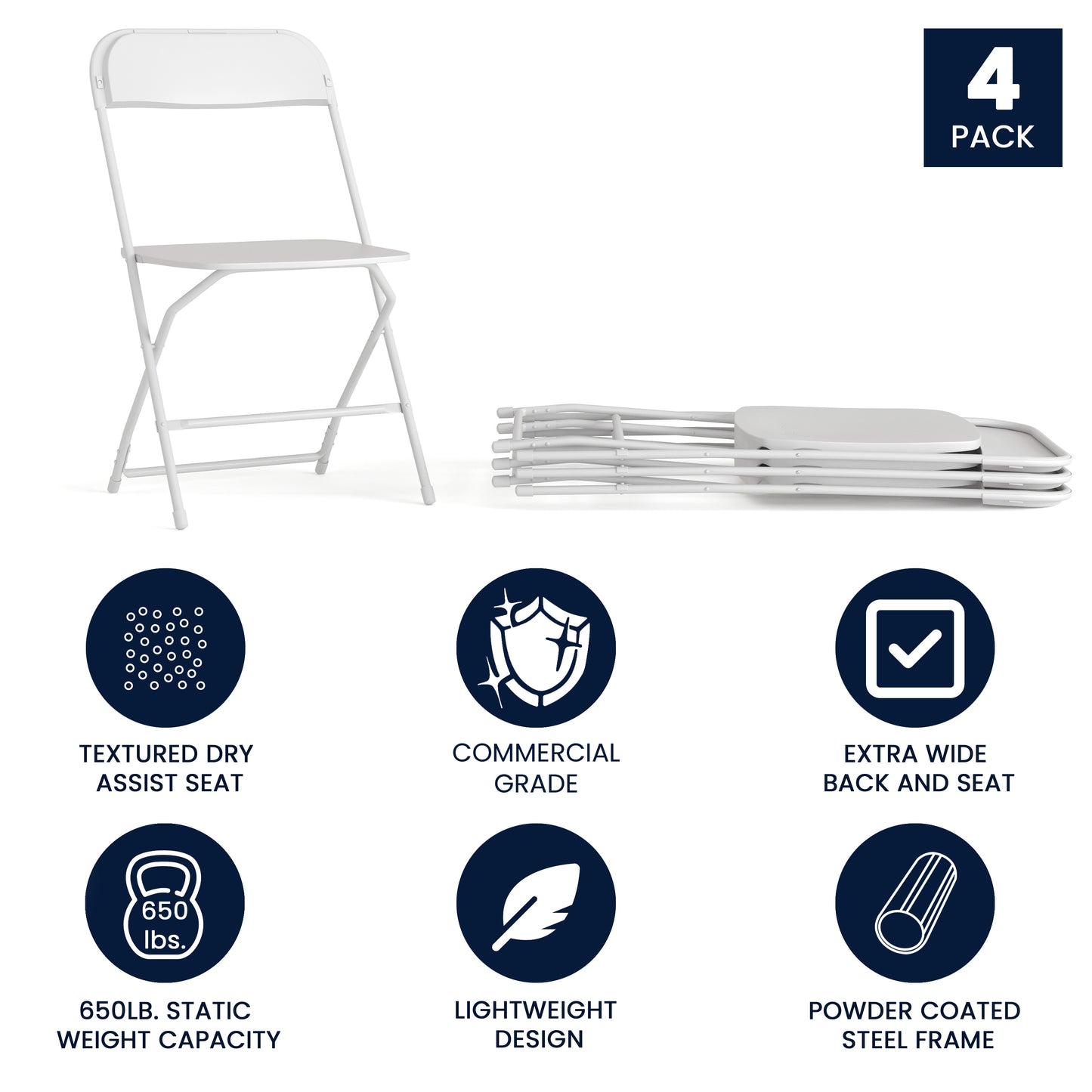 Hercules Big and Tall Commercial Folding Chair - Extra Wide 650LB. Capacity - Durable Plastic - White, 4-Pack White