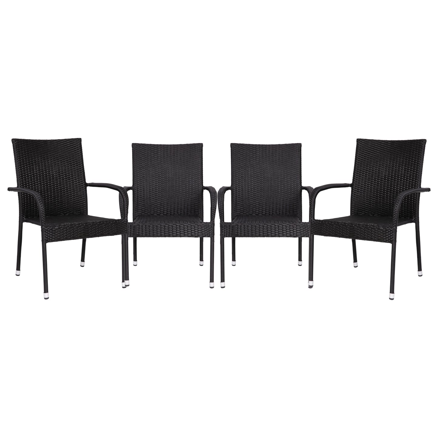 Maxim Set of 4 Stackable Indoor/Outdoor Wicker Dining Chairs with Arms - Fade & Weather-Resistant Steel Frames - Black Black