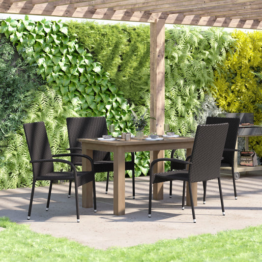 Maxim Set of 4 Stackable Indoor/Outdoor Wicker Dining Chairs with Arms - Fade & Weather-Resistant Steel Frames - Black Black 4-TW-3WBE073-BK-GG