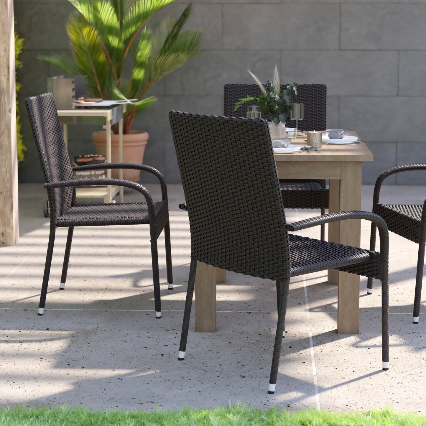 Maxim Set of 4 Stackable Indoor/Outdoor Wicker Dining Chairs with Arms - Fade & Weather-Resistant Steel Frames - Black Black