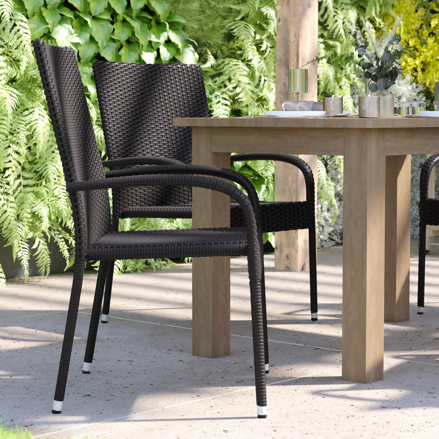 Maxim Set of 4 Stackable Indoor/Outdoor Wicker Dining Chairs with Arms - Fade & Weather-Resistant Steel Frames - Black Black