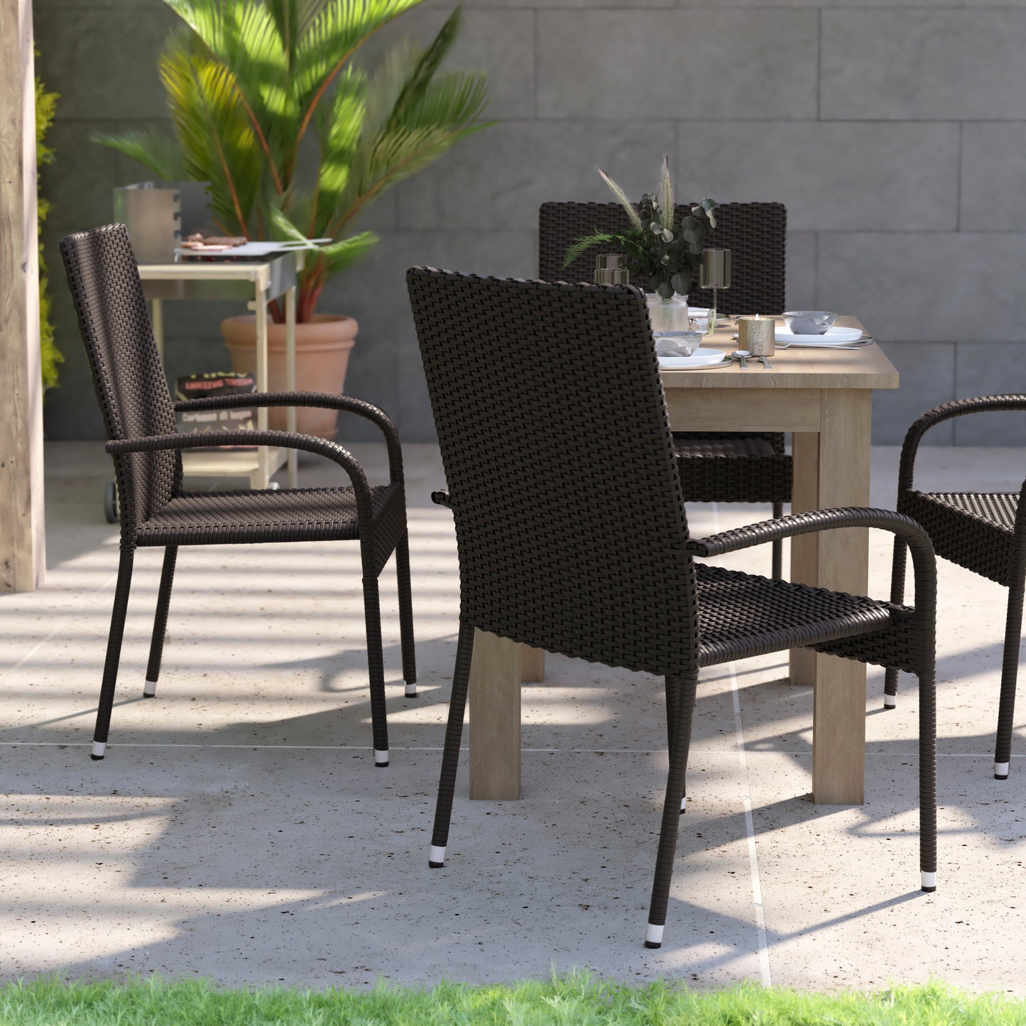 Maxim Set of 4 Stackable Indoor/Outdoor Wicker Dining Chairs with Arms - Fade & Weather-Resistant Steel Frames - Espresso Espresso