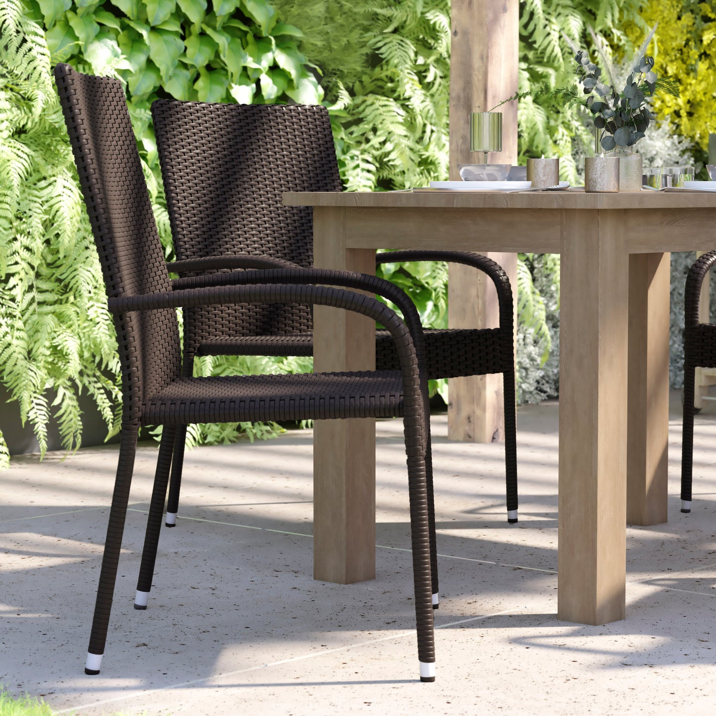 Maxim Set of 4 Stackable Indoor/Outdoor Wicker Dining Chairs with Arms - Fade & Weather-Resistant Steel Frames - Espresso Espresso