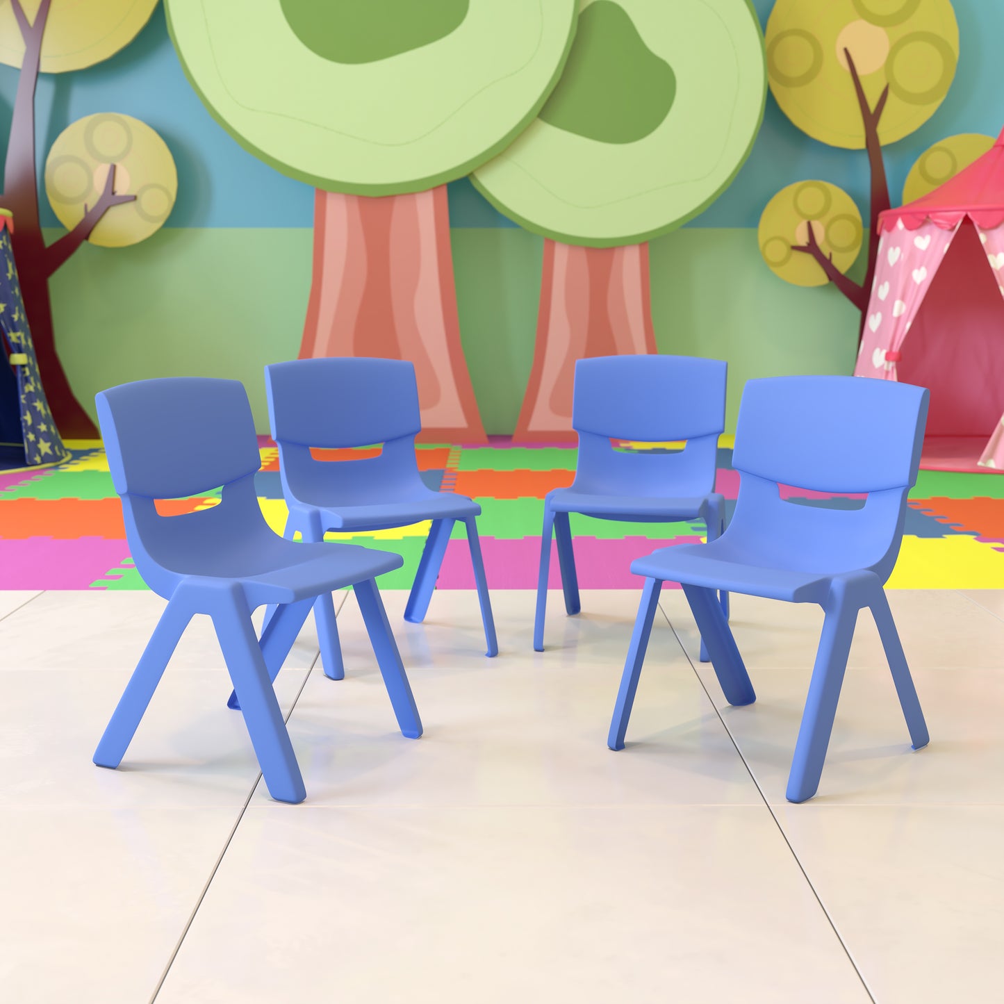 Whitney 4 Pack Blue Plastic Stackable School Chair with 12'' Seat Height Blue