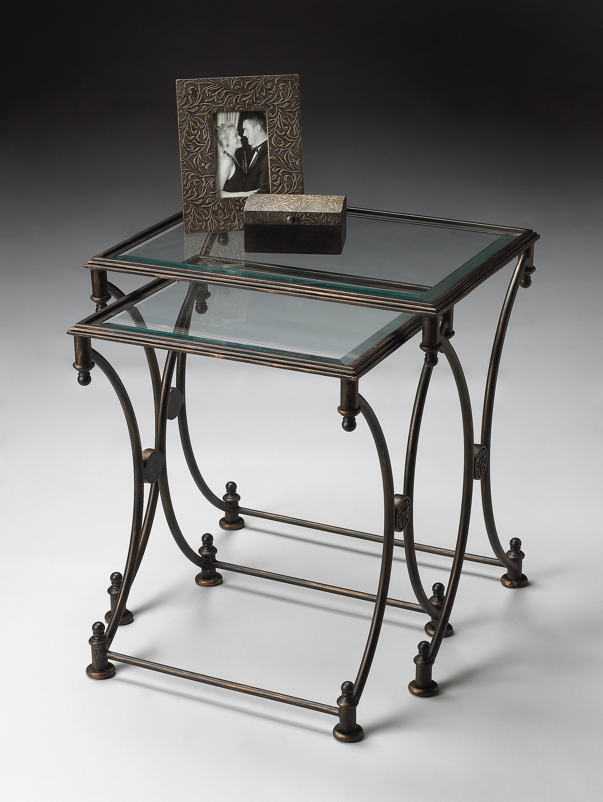 Butler Specialty Company Beverly Rectangular Glass and Metal Set of 2 Nesting Tables, Black