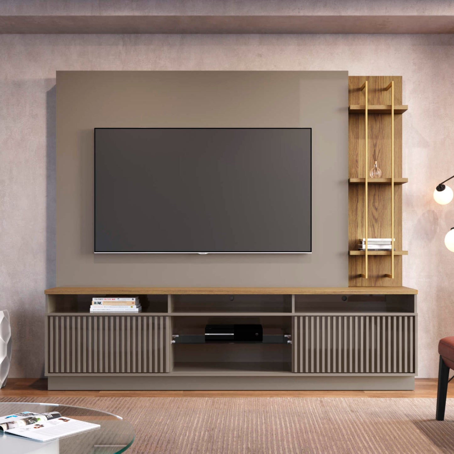 Manhattan Comfort Pomander 85.27" Free Standing Entertainment Center with Décor Shelves in Grey Gloss 402351