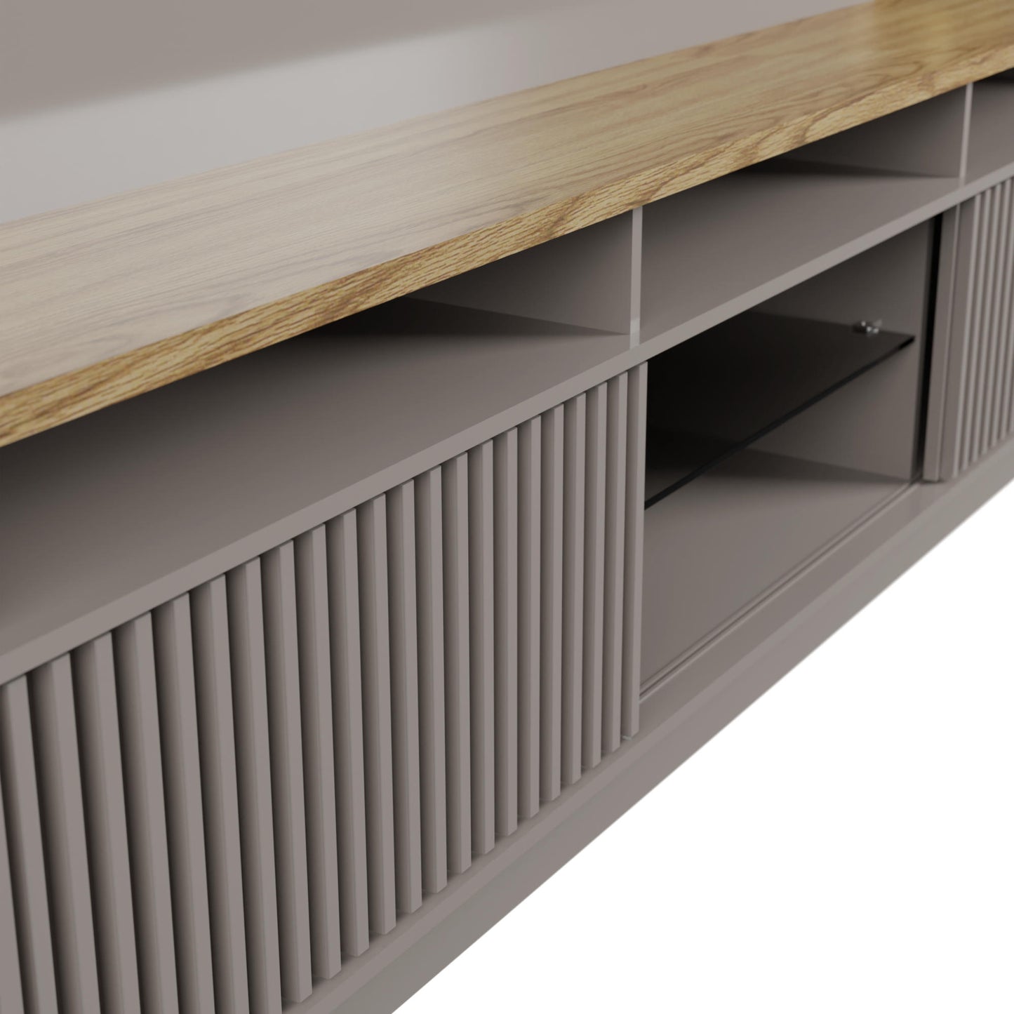 Manhattan Comfort Pomander 85.27" Free Standing Entertainment Center with Décor Shelves in Grey Gloss 402351