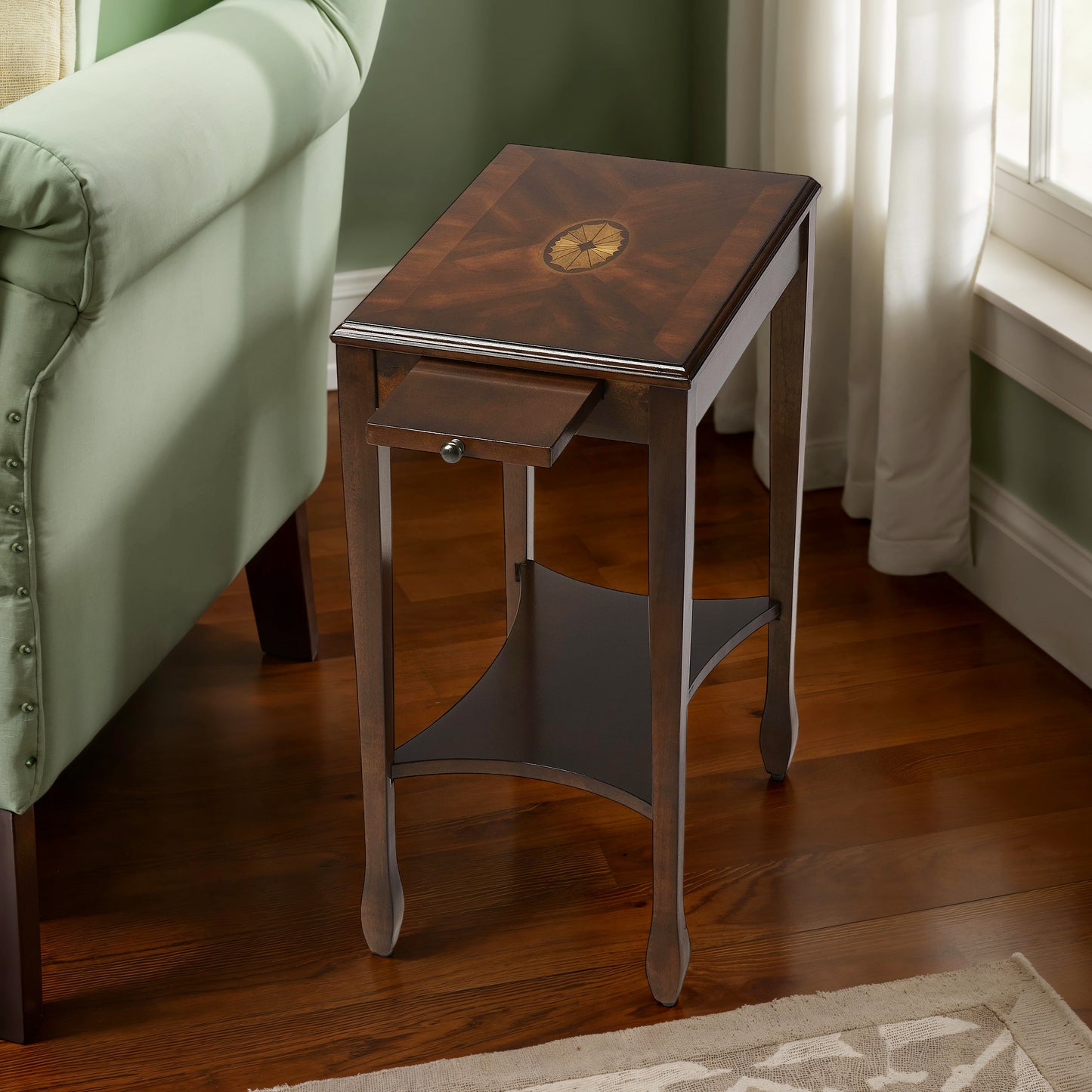 Butler Specialty Company Gilbert 12 in. W Rectangular Wood End Table with Pull-Out Tray and Lower Open Shelf, Dark Brown