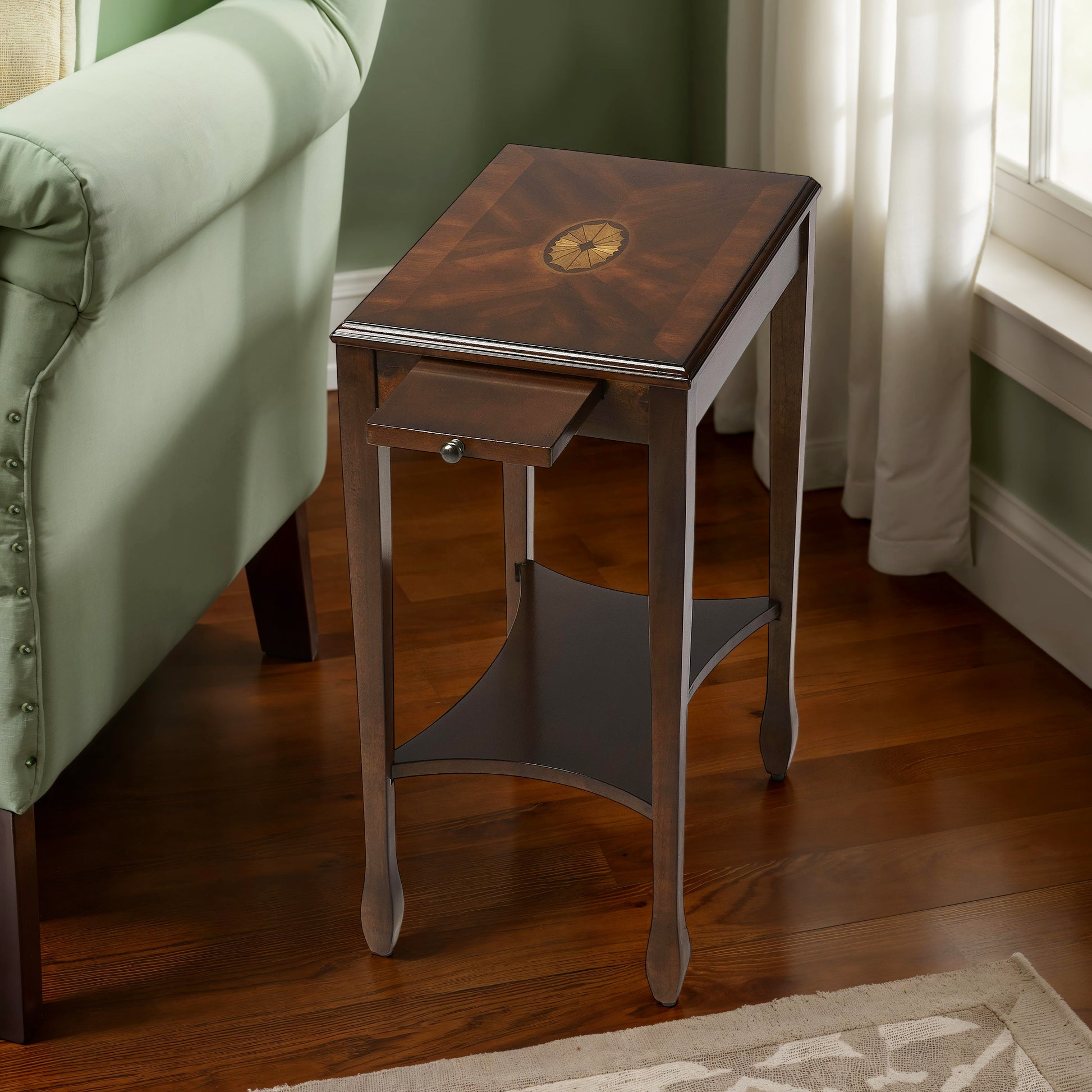 Butler Specialty Company Gilbert 12 in. W Rectangular Wood End Table with Pull-Out Tray and Lower Open Shelf, Dark Brown