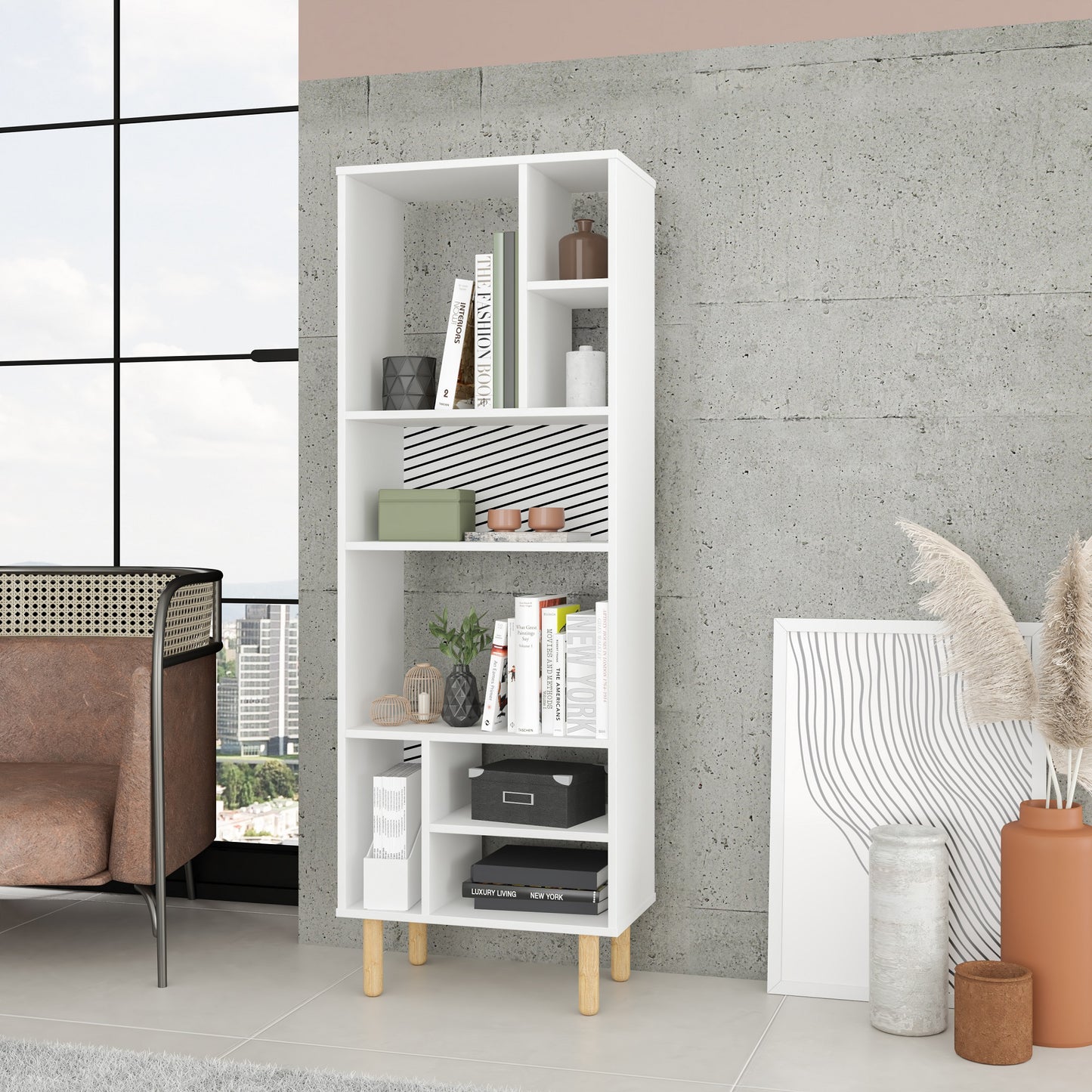 Manhattan Comfort Essex 60.23 Décor Bookcase with 8 Shelves in White and Zebra 410AMC176