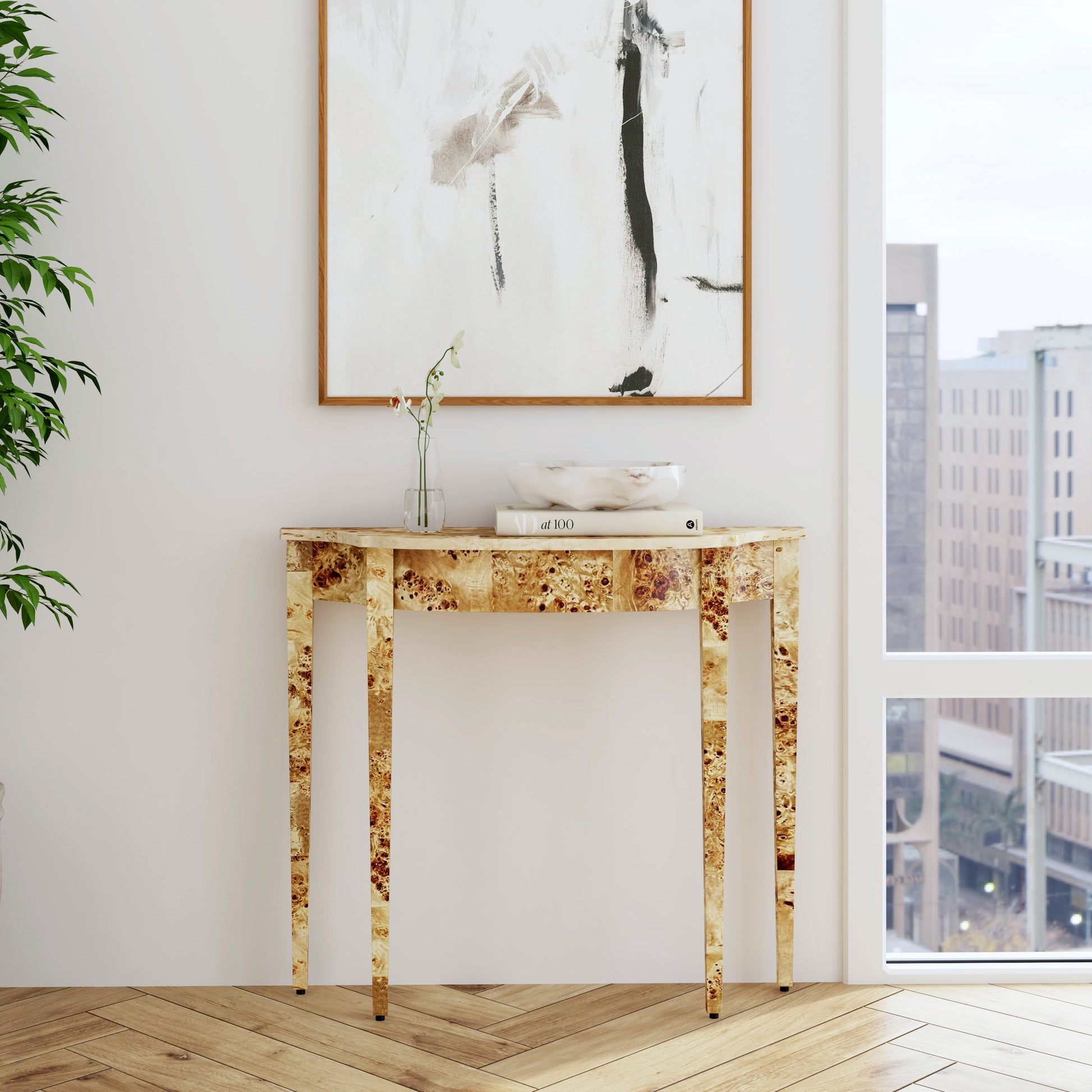 Butler Specialty Company Chester 36 in. W Demilune Burl Wood Console Table, Light Brown