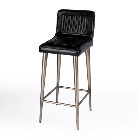 Butler Specialty Company Maxwell 32 in. Seat Height Leather and Iron Bar Height Stool with Back, Black