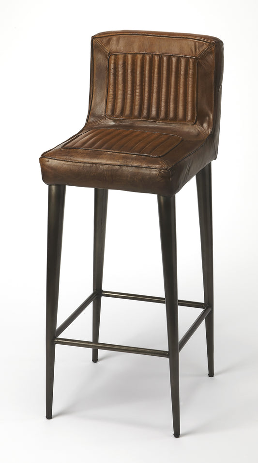 Butler Specialty Company Maxwell 32 in. Seat Height Leather and Iron Bar Height Stool with Back, Dark Brown