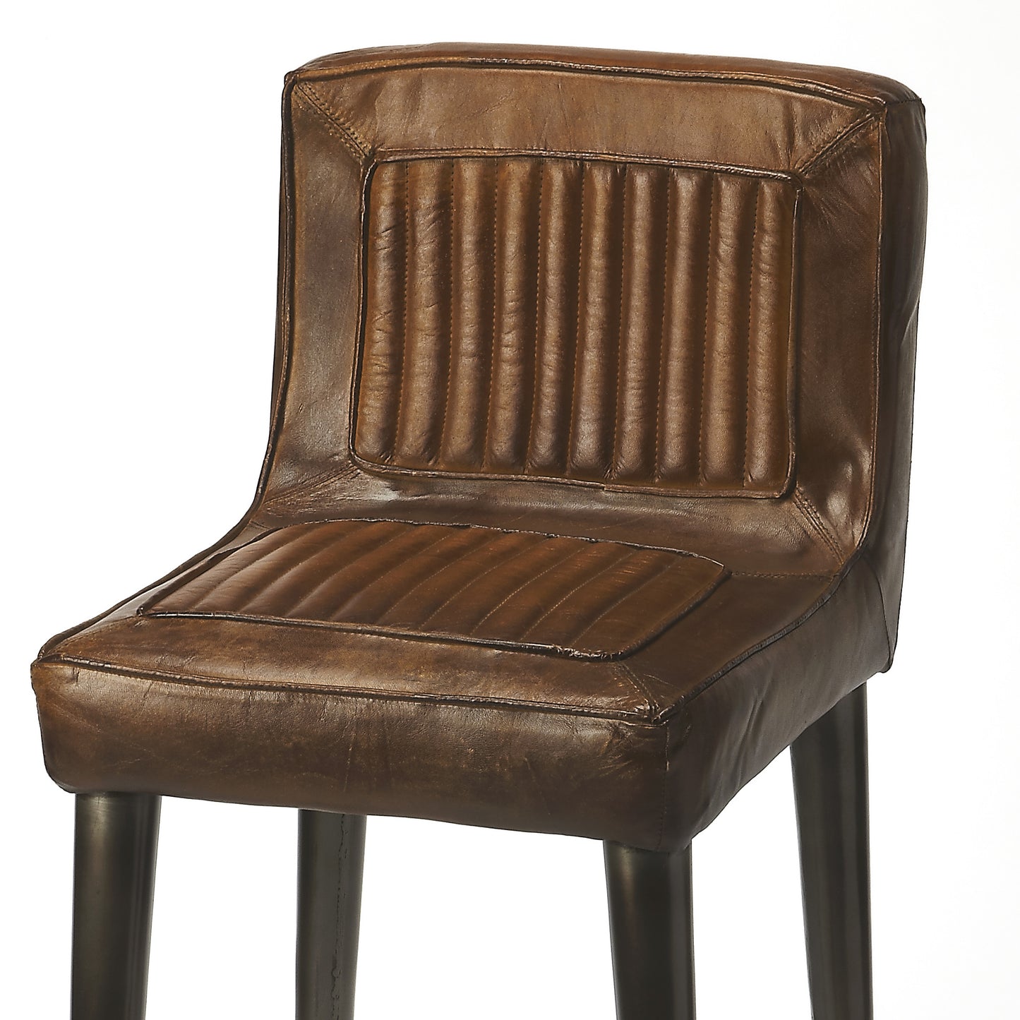 Butler Specialty Company Maxwell 32 in. Seat Height Leather and Iron Bar Height Stool with Back, Dark Brown