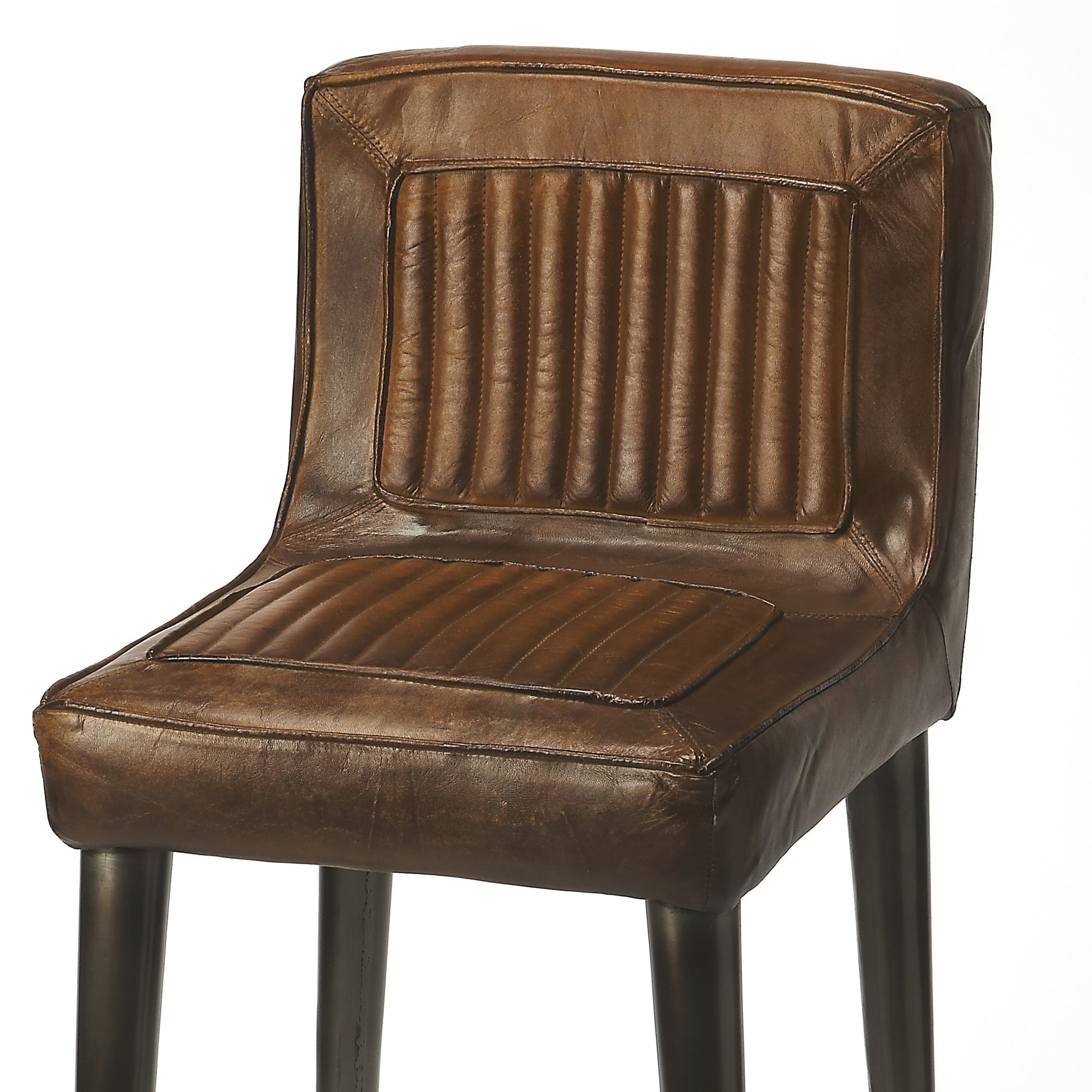 Butler Specialty Company Maxwell 32 in. Seat Height Leather and Iron Bar Height Stool with Back, Dark Brown