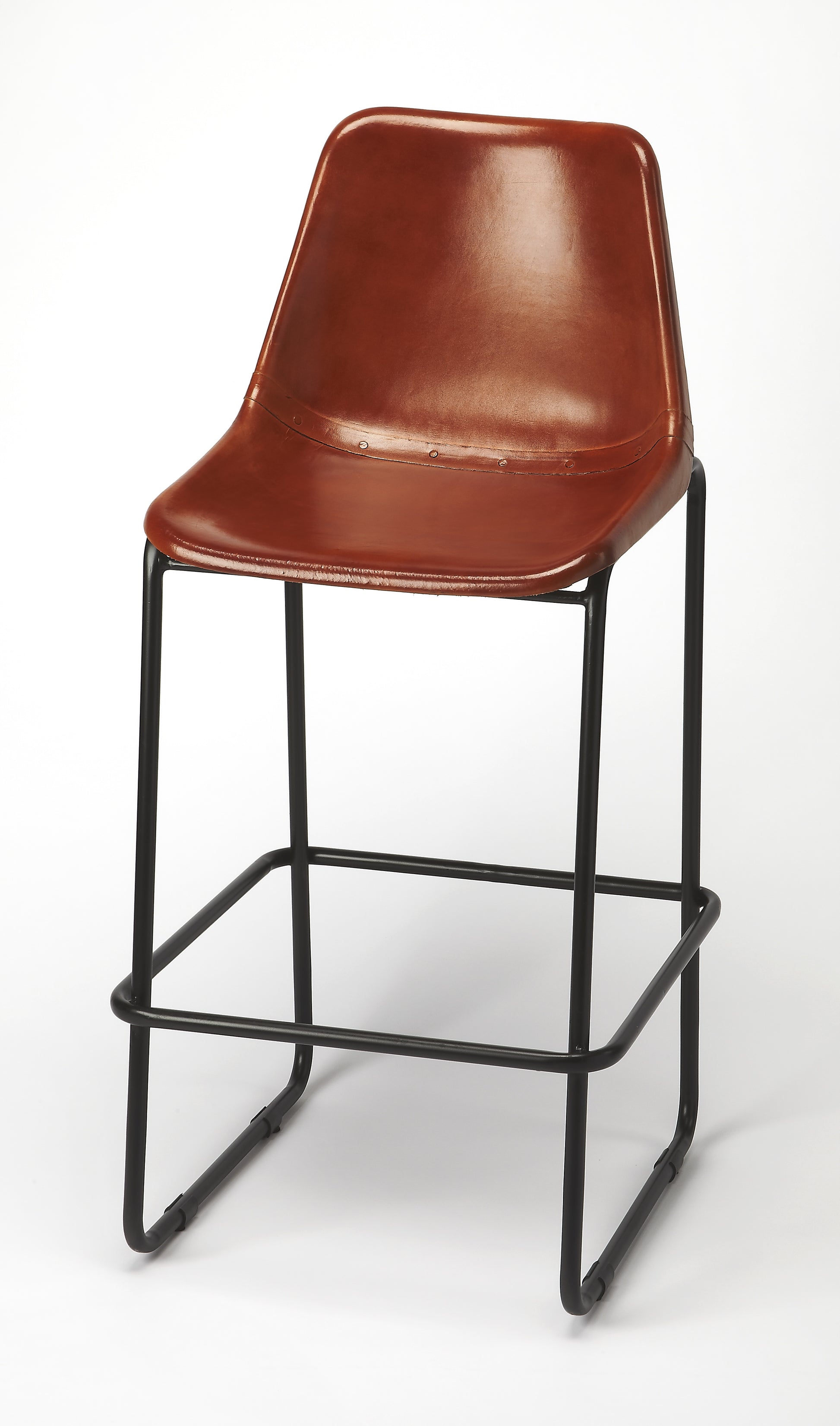 Butler Specialty Company Myles 28 in. Seat Height Leather and Metal Bar Stool with Back, Medium Brown