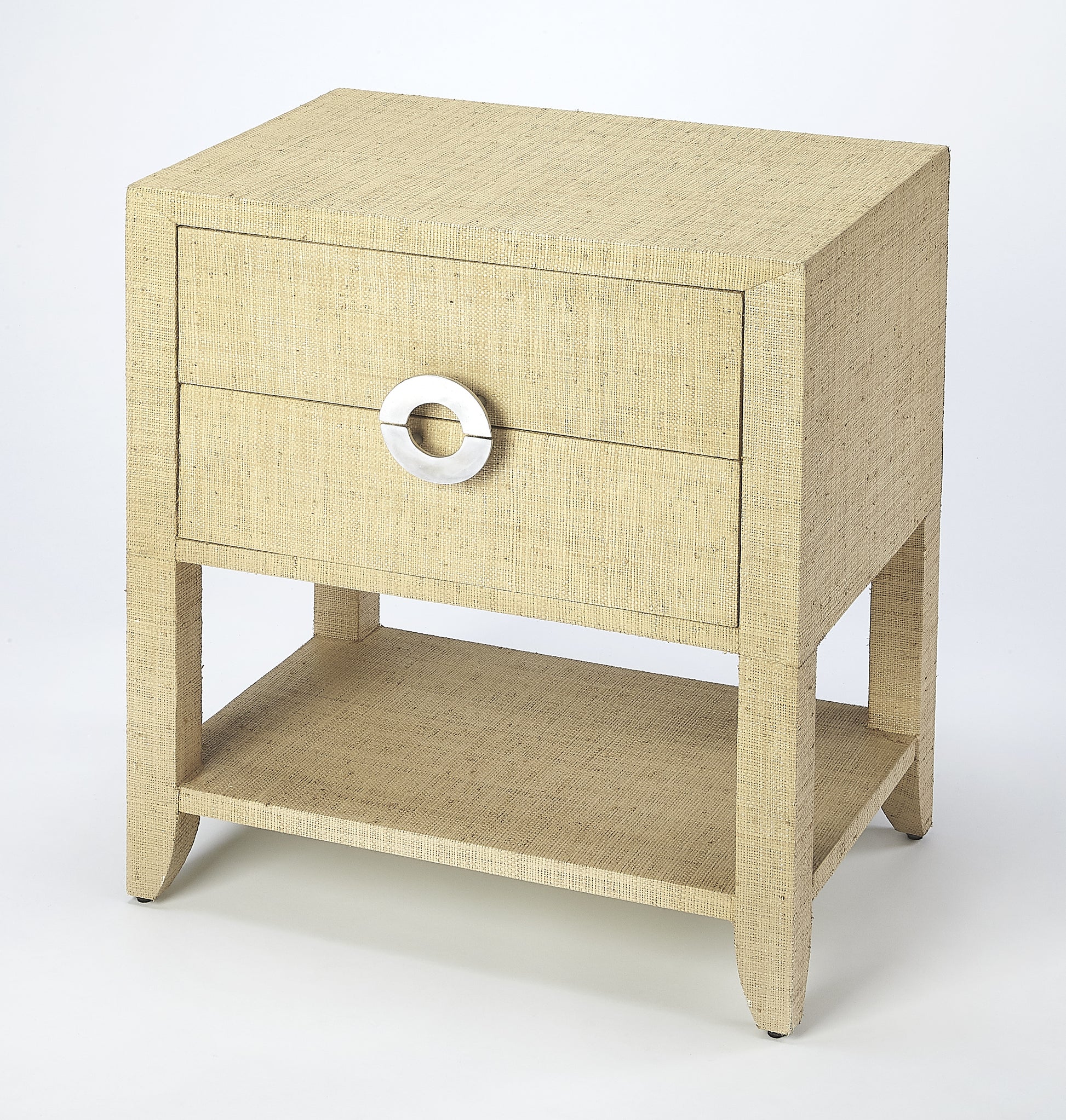 Butler Specialty Company Amelle 24 in. W Rectangular Raffia 2 Drawer Nightstand with Lower Open Shelf, Cream, Yellow