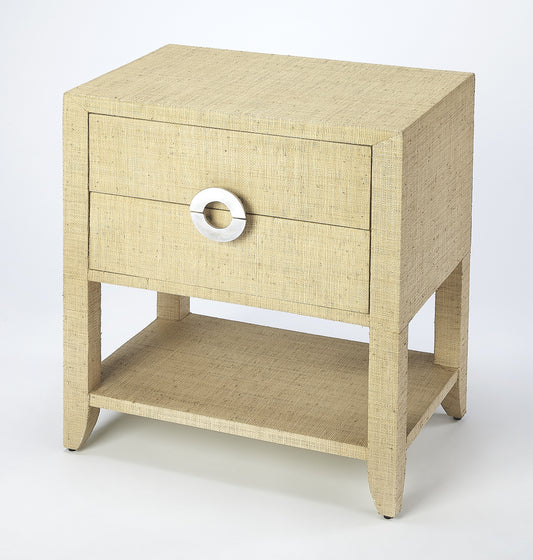 Butler Specialty Company Amelle 24 in. W Rectangular Raffia 2 Drawer Nightstand with Lower Open Shelf, Cream, Yellow