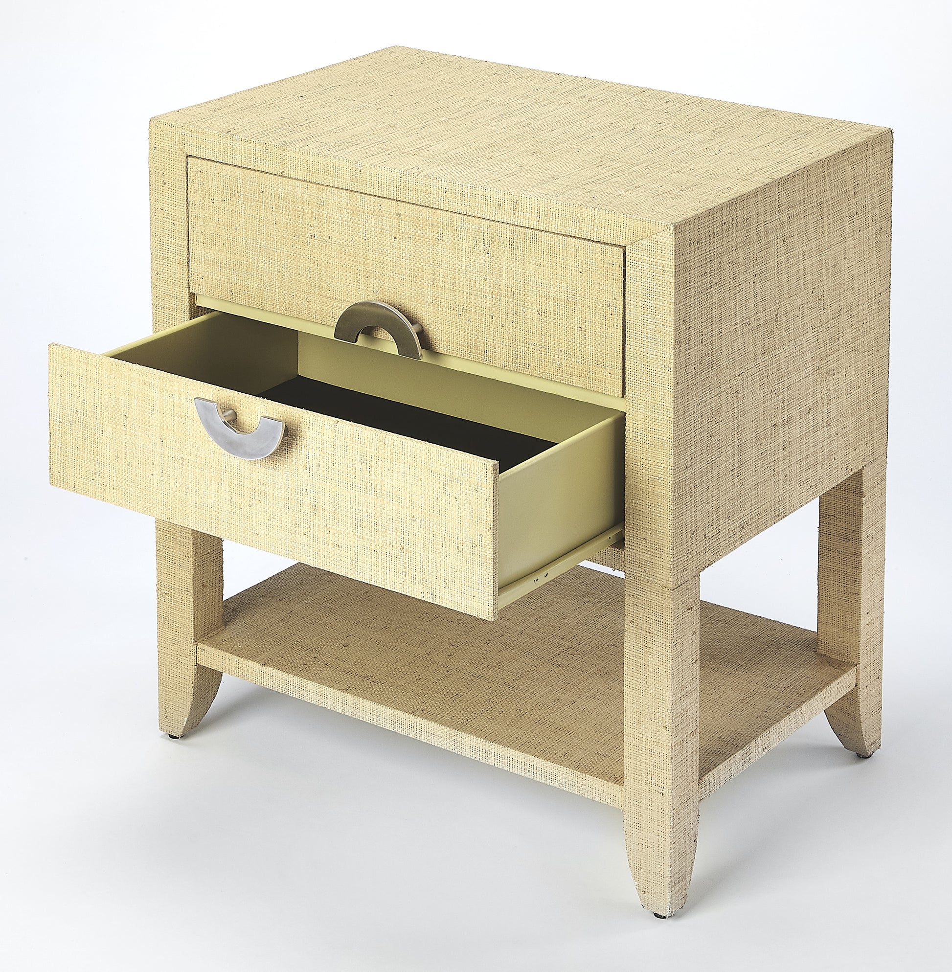 Butler Specialty Company Amelle 24 in. W Rectangular Raffia 2 Drawer Nightstand with Lower Open Shelf, Cream, Yellow