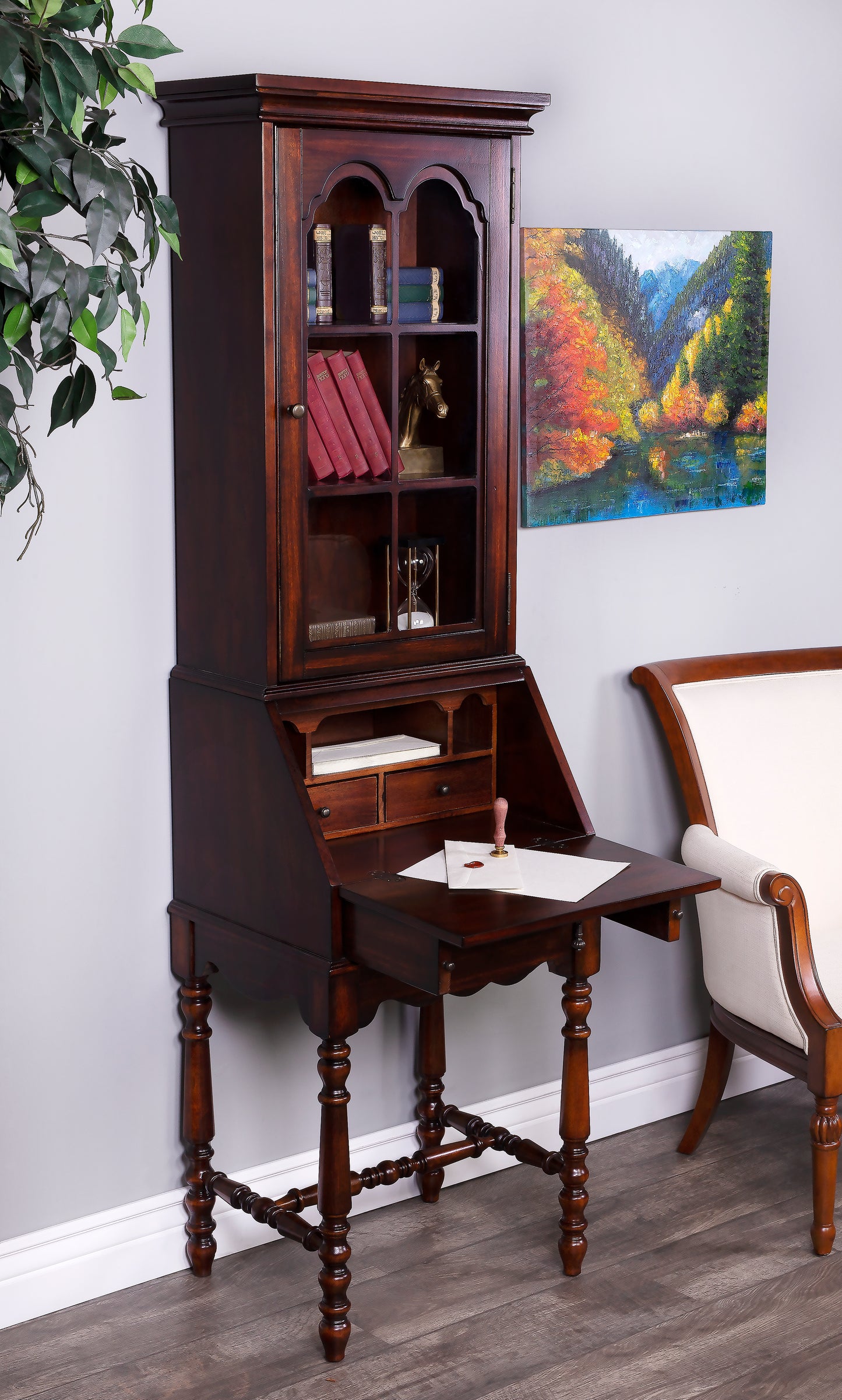 Butler Specialty Company Newlark 20 in. W Rectangular Wood and Glass Traditional 2 Drawer 1 Door Secretary, Dark Brown