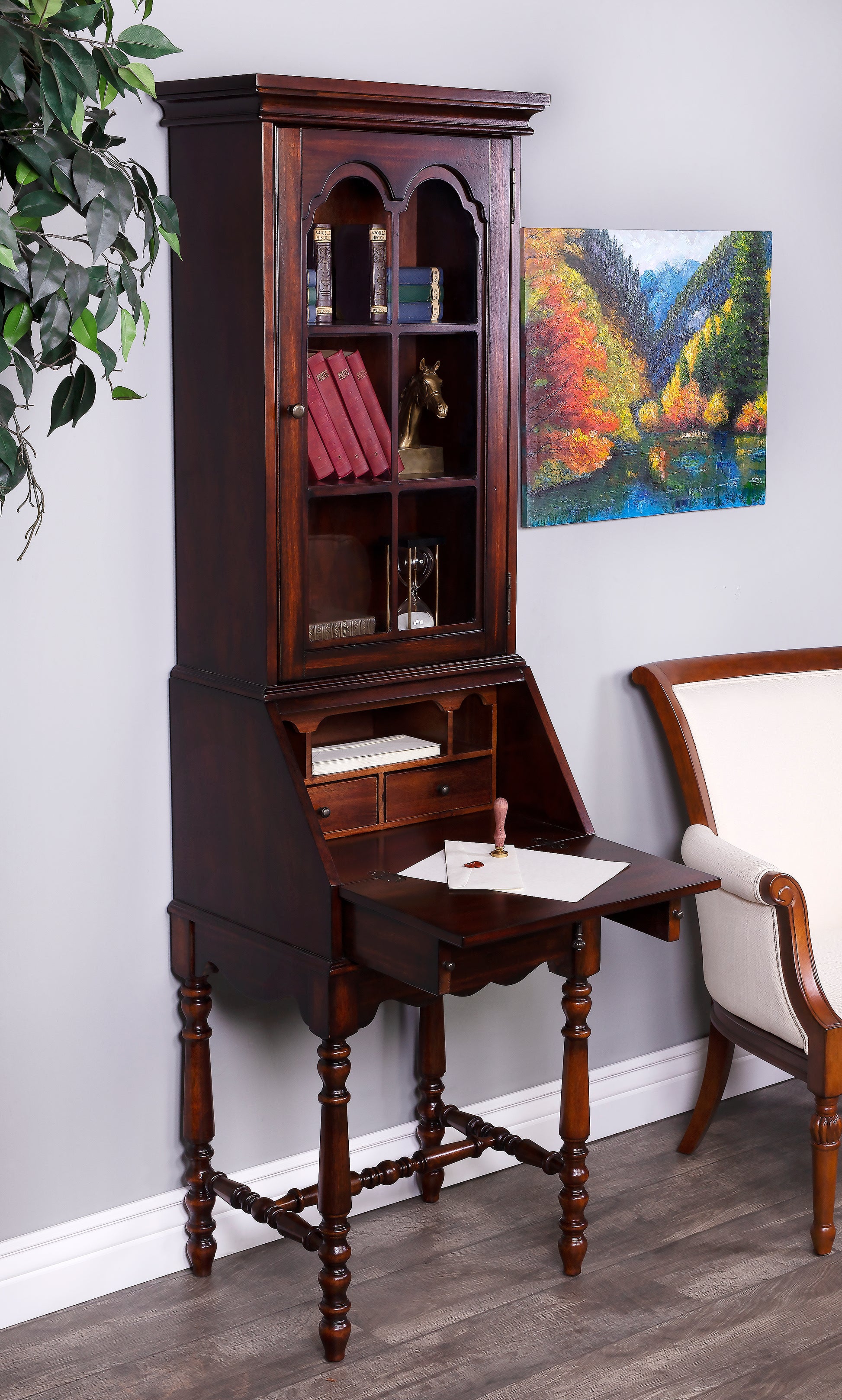 Butler Specialty Company Newlark 20 in. W Rectangular Wood and Glass Traditional 2 Drawer 1 Door Secretary, Dark Brown