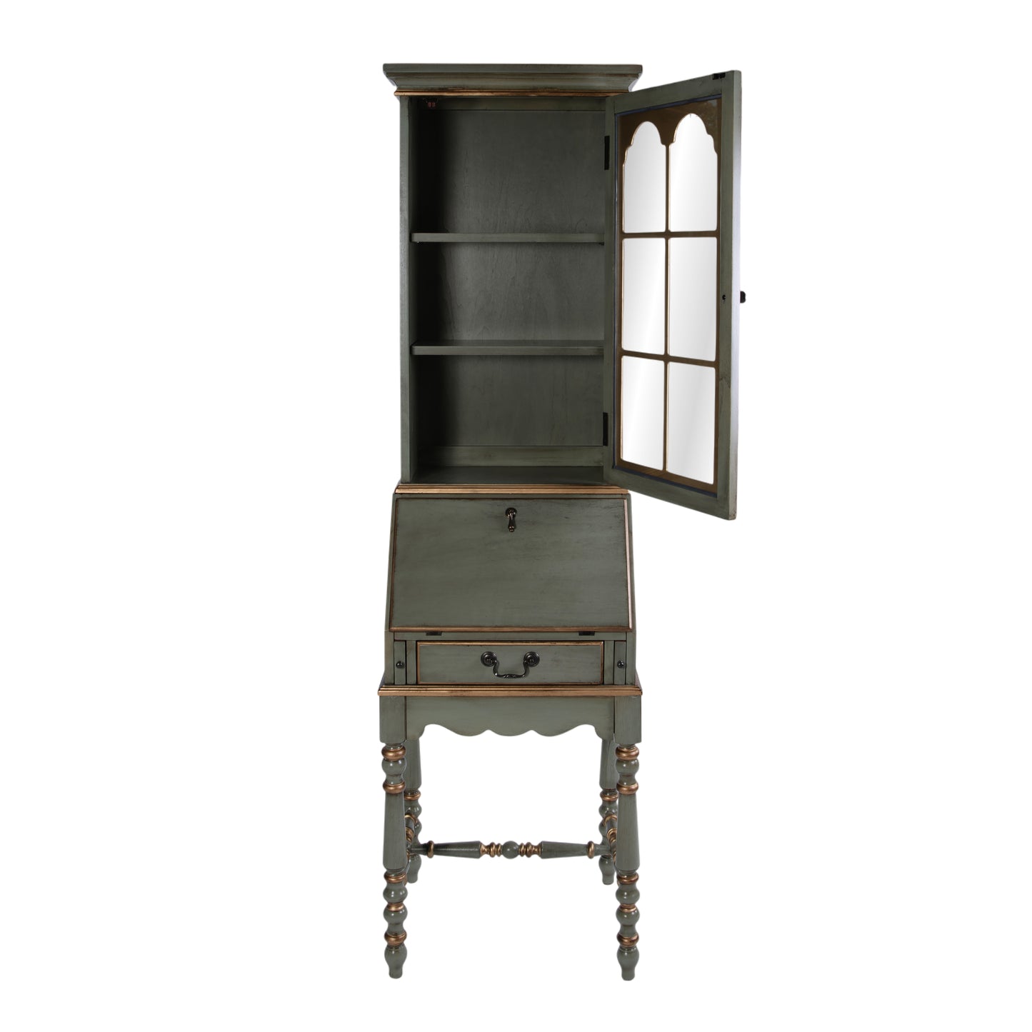 Butler Specialty Company Newlark 20 in. W Rectangular Wood and Glass Traditional 2 Drawer 1 Door Secretary, Pastel Green