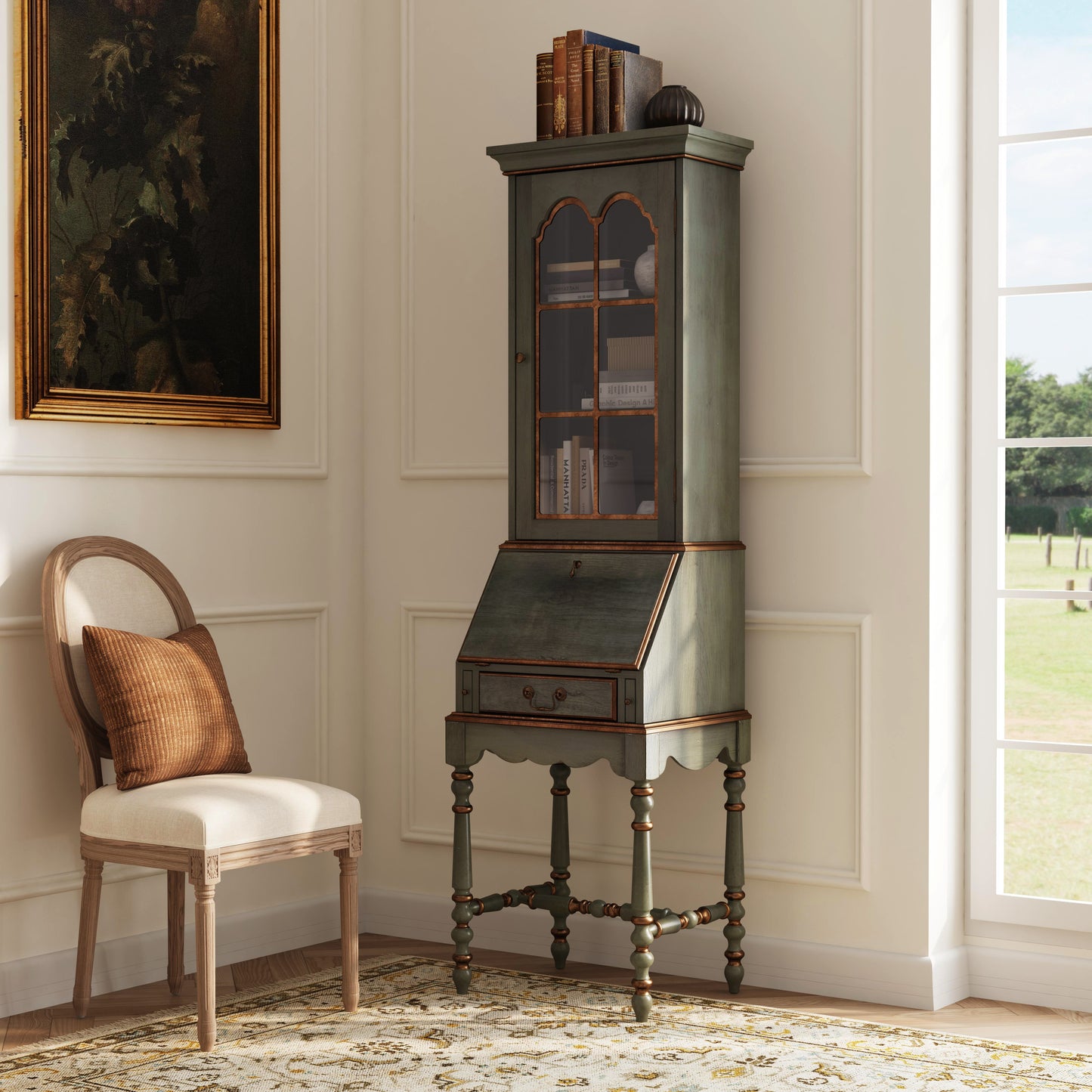 Butler Specialty Company Newlark 20 in. W Rectangular Wood and Glass Traditional 2 Drawer 1 Door Secretary, Pastel Green