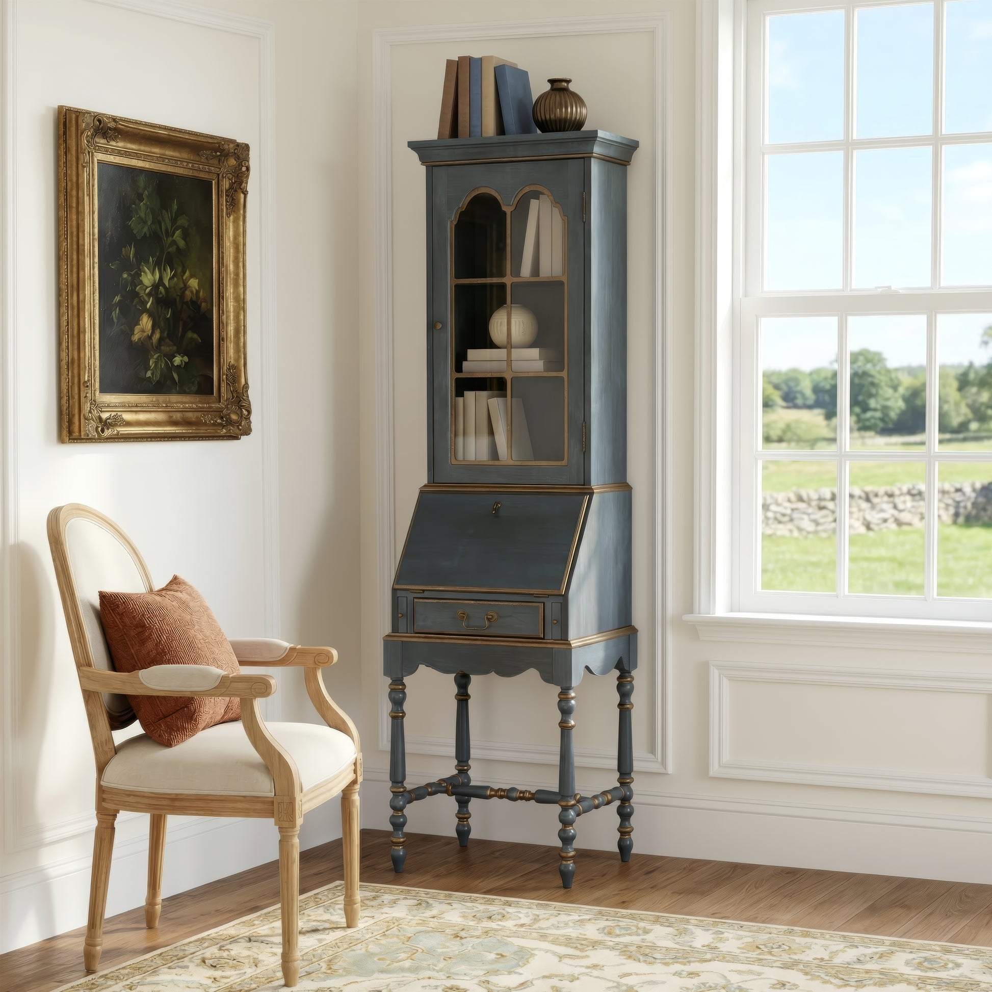 Butler Specialty Company Newlark 20 in. W Rectangular Wood and Glass Traditional 2 Drawer 1 Door Secretary, Pastel Blue