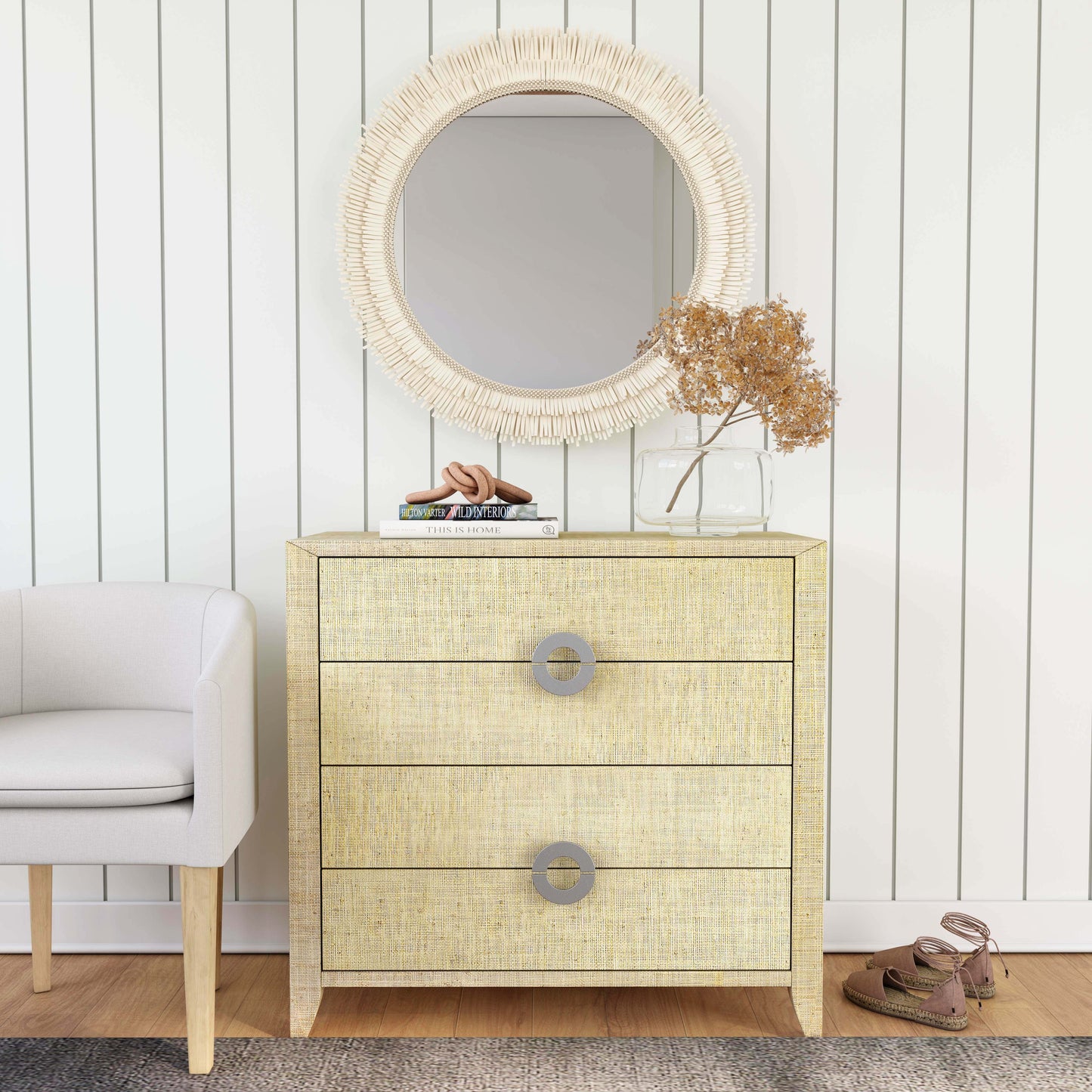 Butler Specialty Company Amelle 34 in. W Rectangular Raffia 4 Drawer Accent Chest, Cream, Yellow