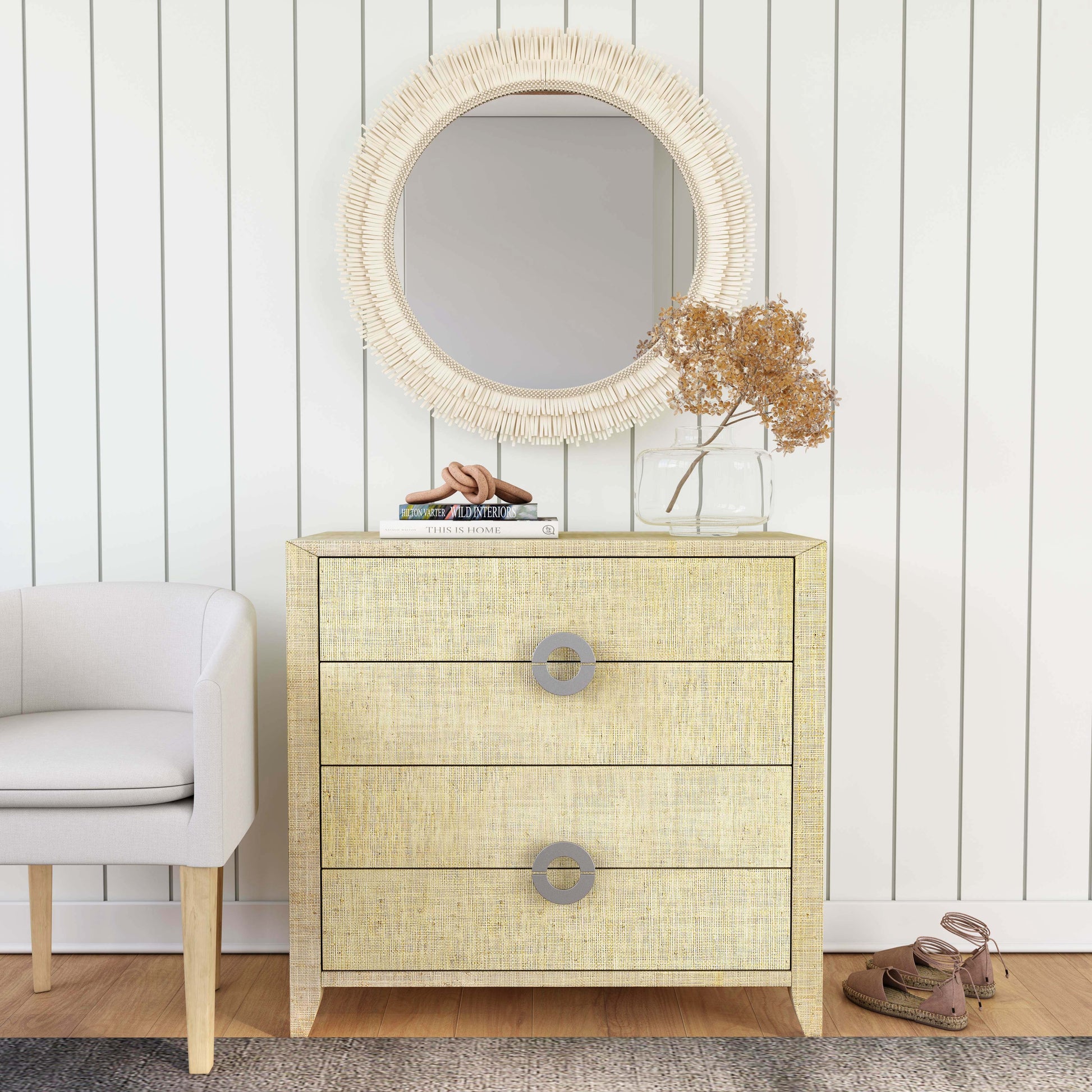 Butler Specialty Company Amelle 34 in. W Rectangular Raffia 4 Drawer Accent Chest, Cream, Yellow