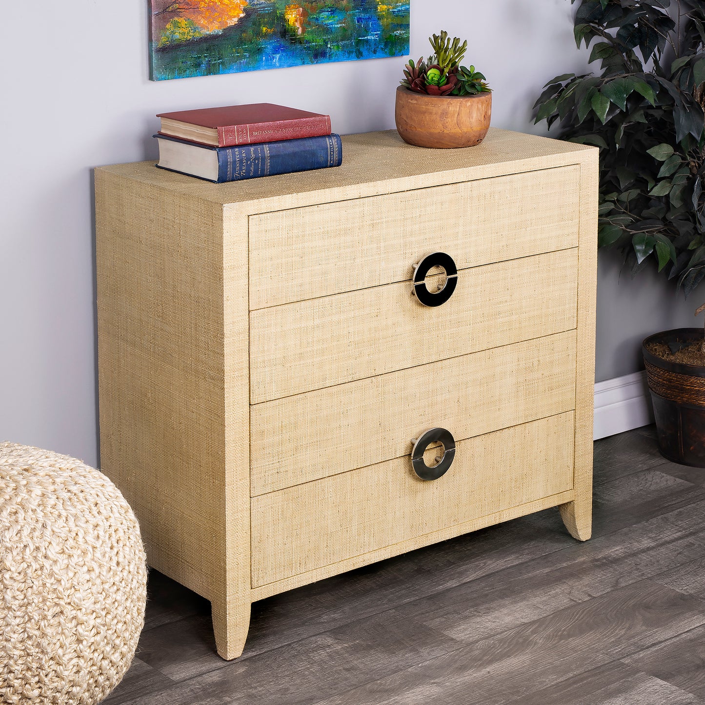Butler Specialty Company Amelle 34 in. W Rectangular Raffia 4 Drawer Accent Chest, Cream, Yellow